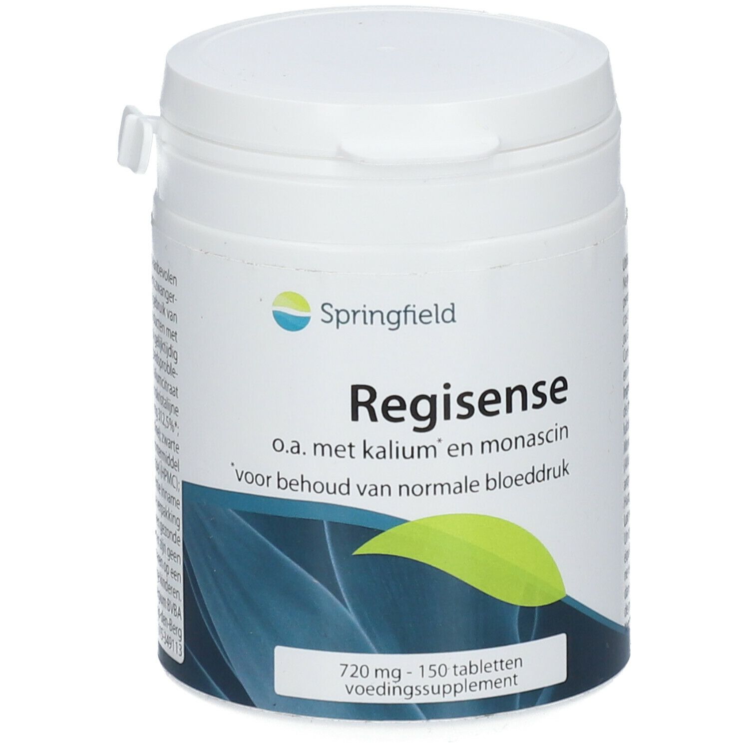 Récipient cylindrique blanc avec couvercle. Inscription : Springfield Regisense, o.a. met kalium en monascin. 720 mg - 150 tabletten.