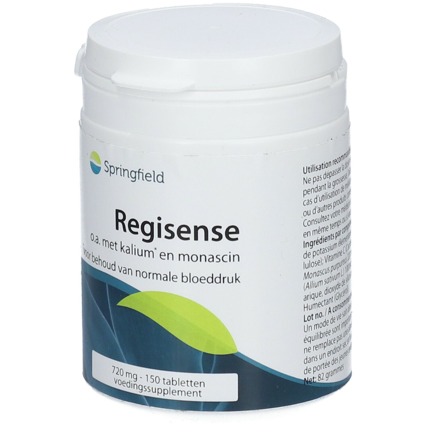 Récipient cylindrique blanc avec couvercle. Inscription : Springfield Regisense, o.a. met kalium en monascin. 720 mg - 150 tabletten.