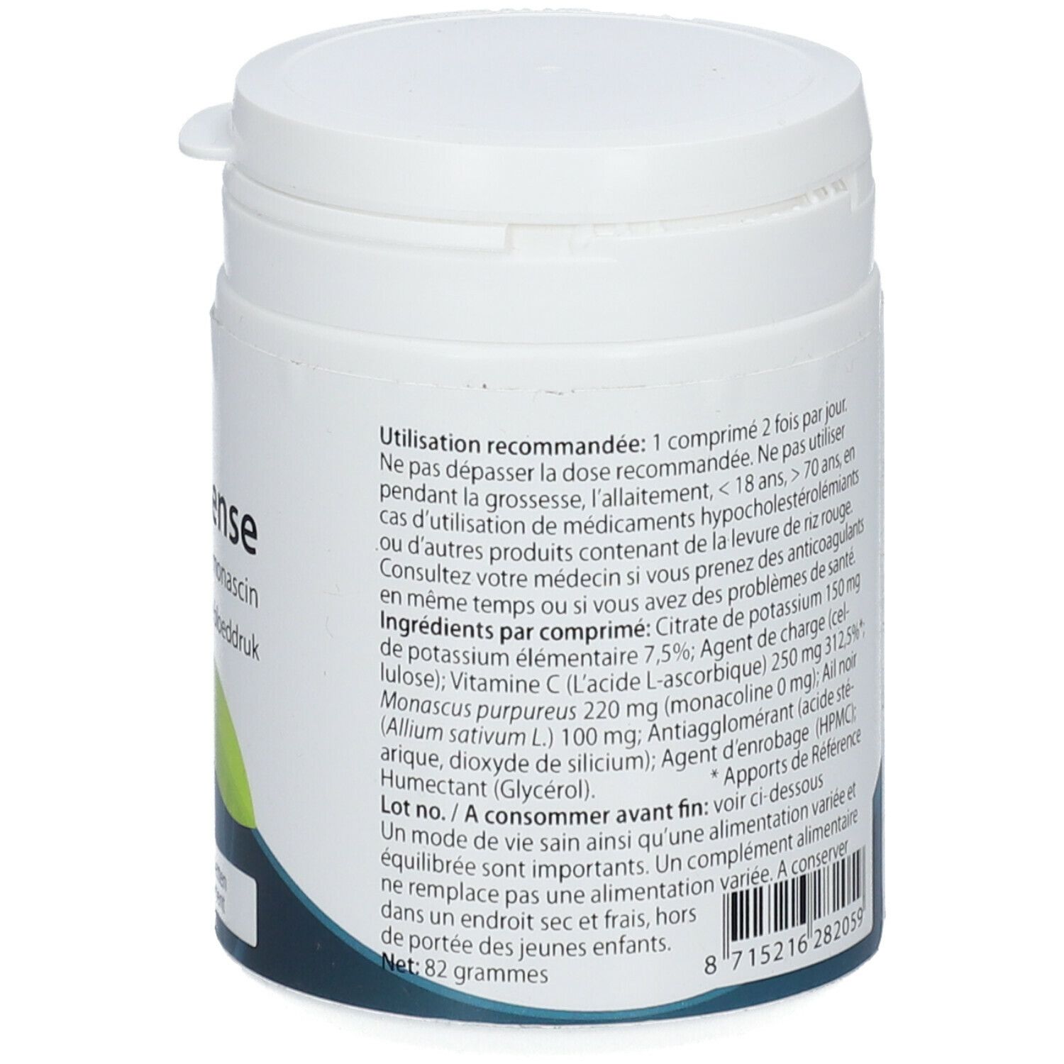 Dos du récipient cylindrique blanc. Texte avec ingrédients et mode d'emploi. Marque : Springfield Nutrace.