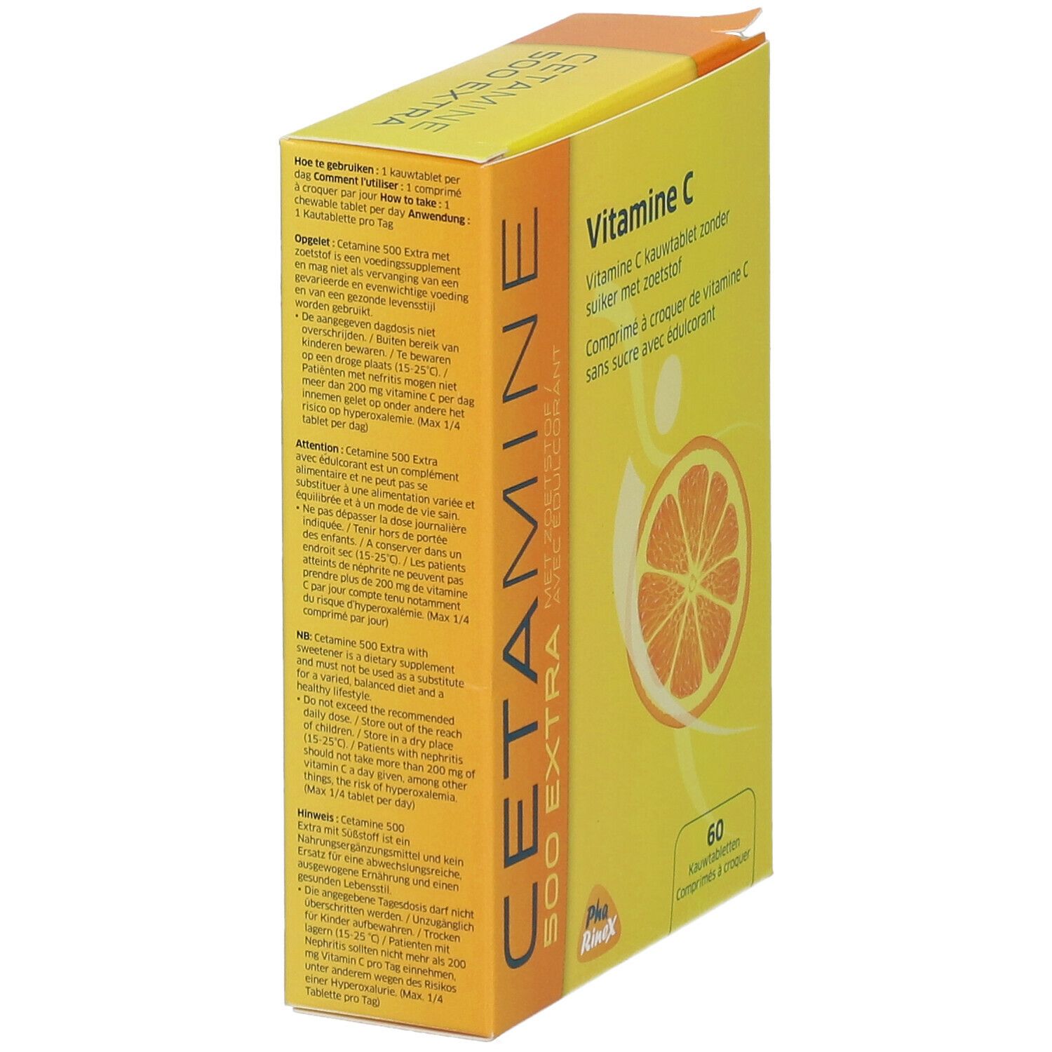 Boîte jaune "CETAMINE 500 EXTRA" et "Vitamine C". Contient 60 comprimés à croquer. Illustration d'orange. Vue latérale.