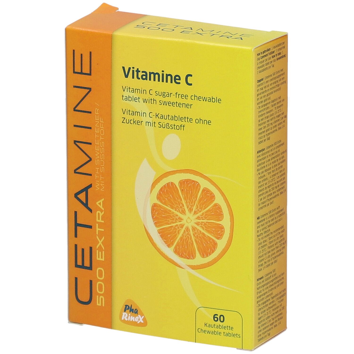 Boîte jaune "CETAMINE 500 EXTRA" et "Vitamine C". Contient 60 comprimés à croquer. Illustration d'orange. Texte: comprimé à croquer sans sucre.