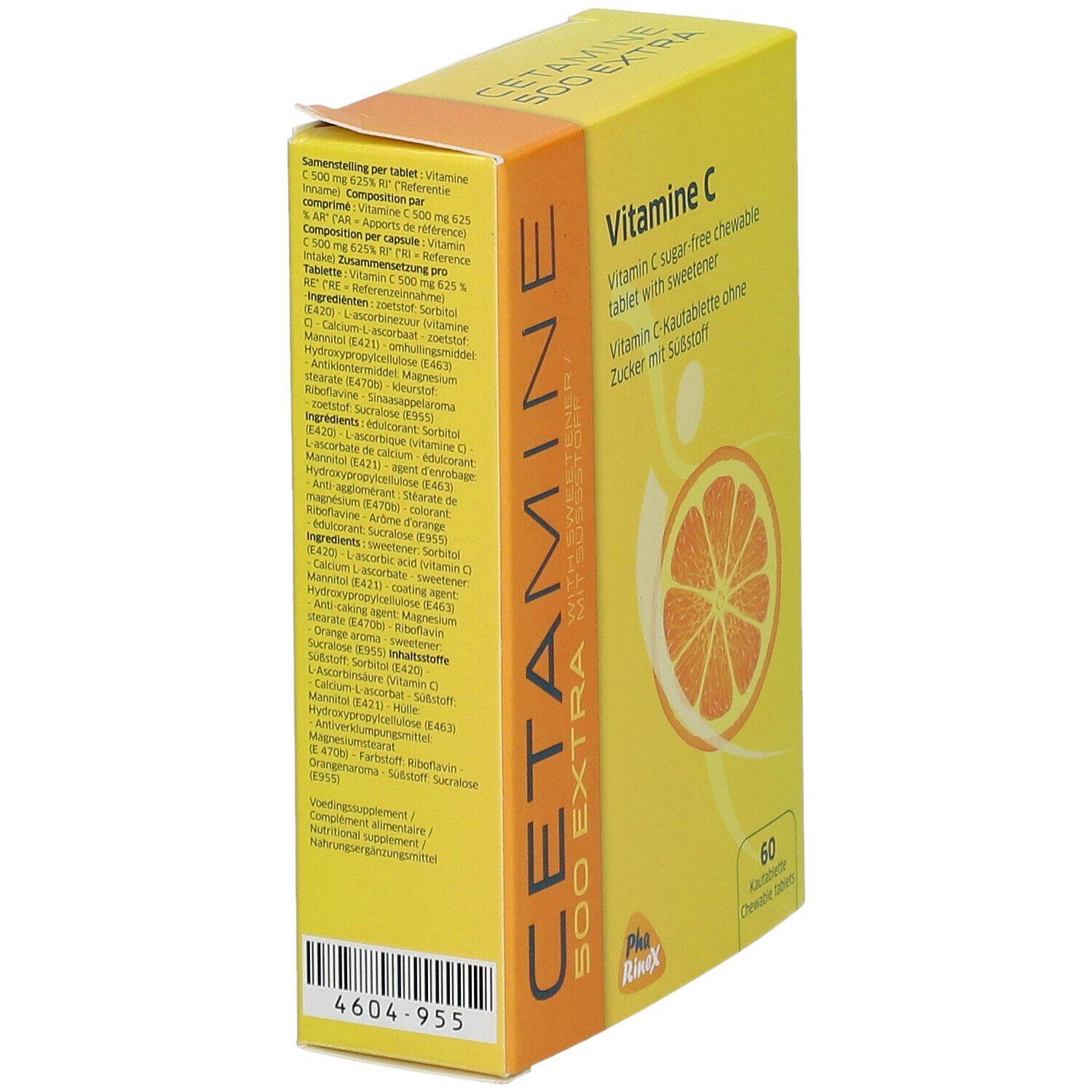 Boîte jaune "CETAMINE 500 EXTRA" et "Vitamine C". Contient 60 comprimés à croquer. Illustration d'orange. Vue détaillée des ingrédients.