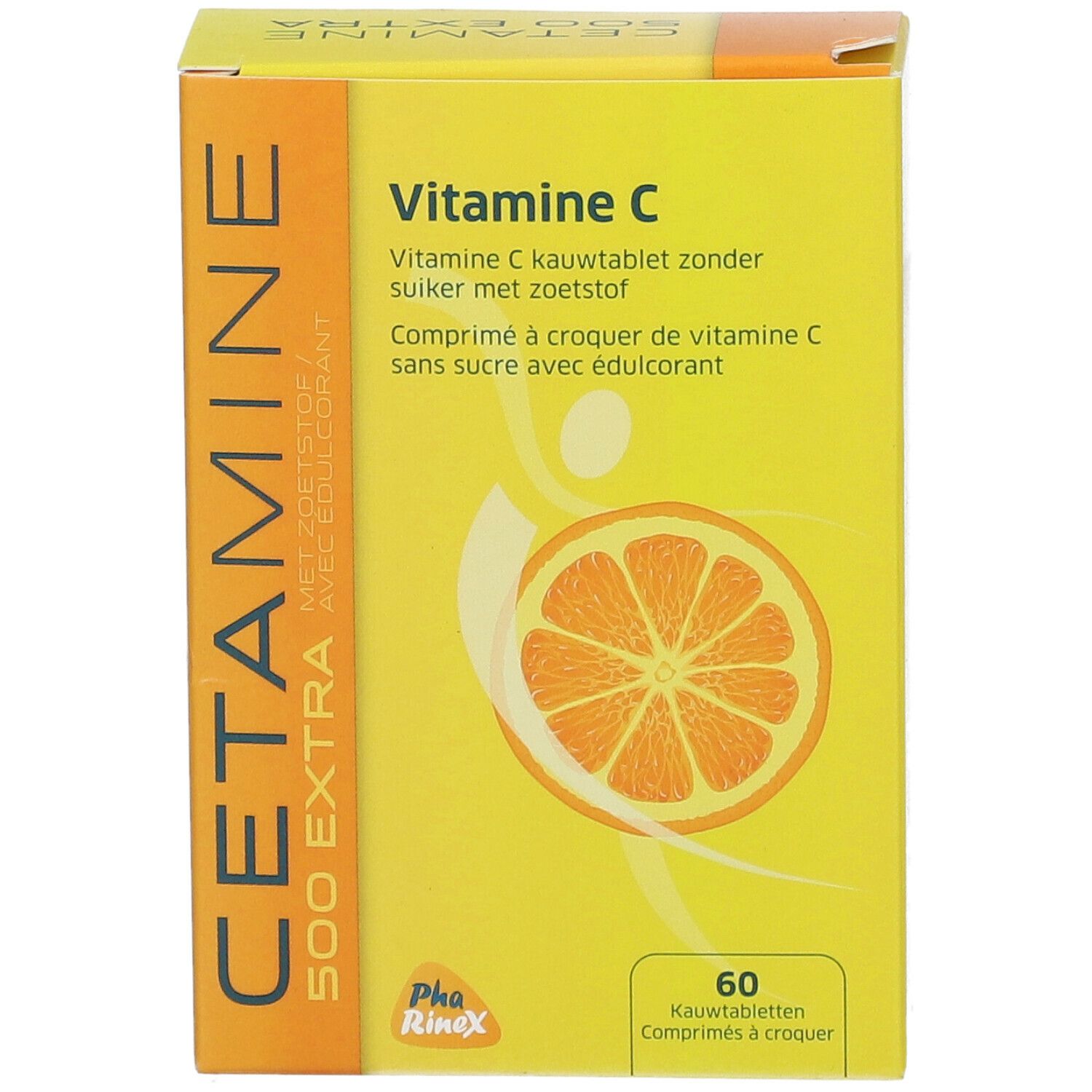 Boîte jaune "CETAMINE 500 EXTRA" et "Vitamine C". Contient 60 comprimés à croquer. Illustration d'orange.