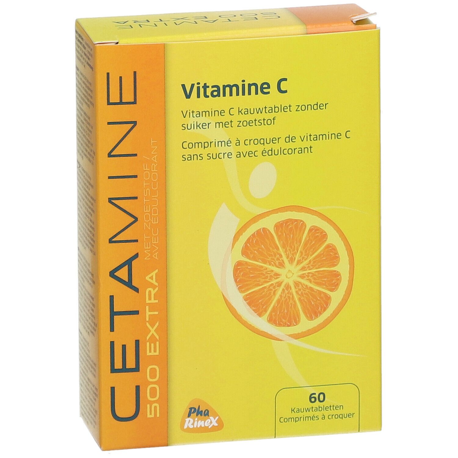 Boîte jaune "CETAMINE 500 EXTRA" et "Vitamine C". Contient 60 comprimés à croquer. Illustration d'orange.