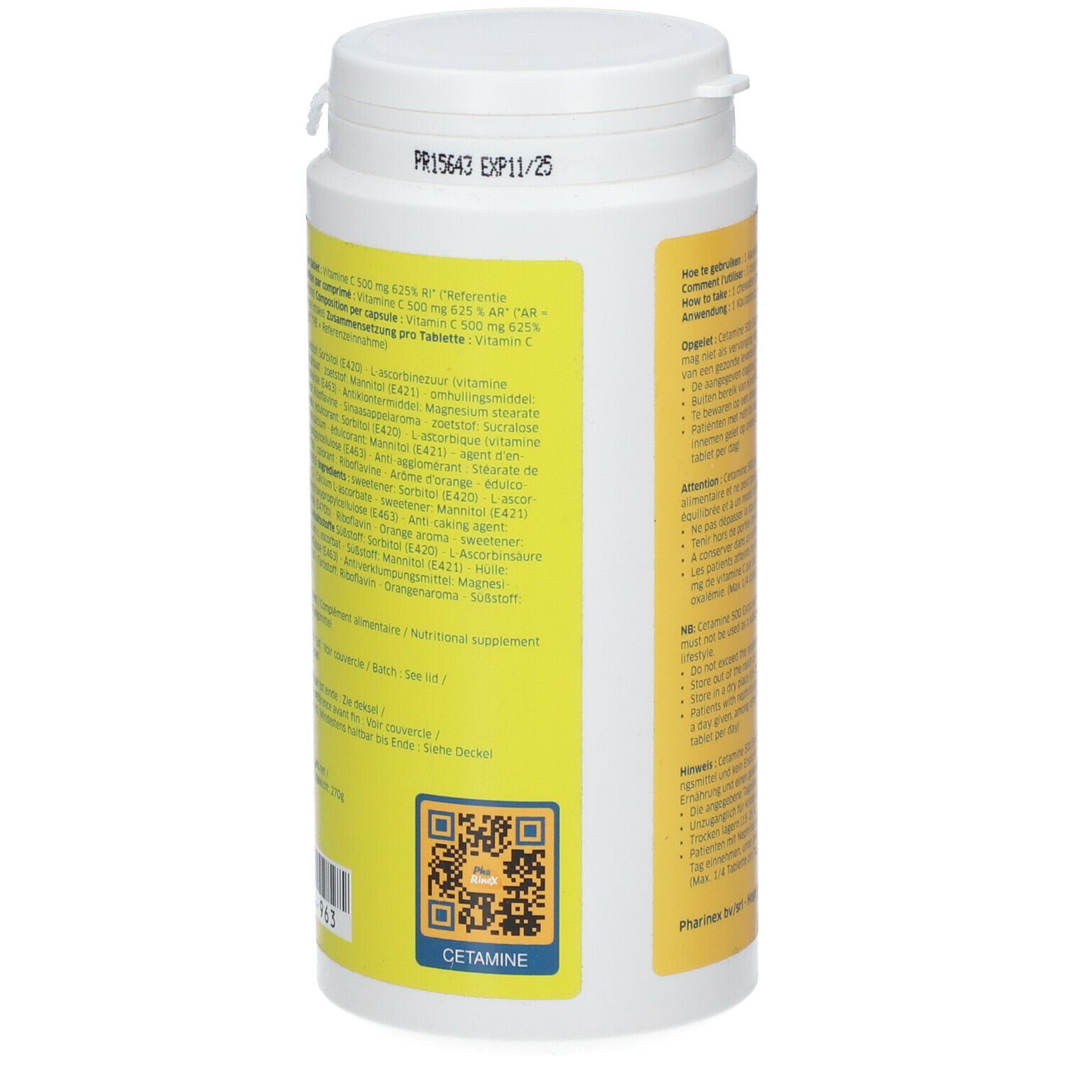 Achterkant van de witte fles. Geel etiket met tekst in meerdere talen. QR-code en vervaldatum.