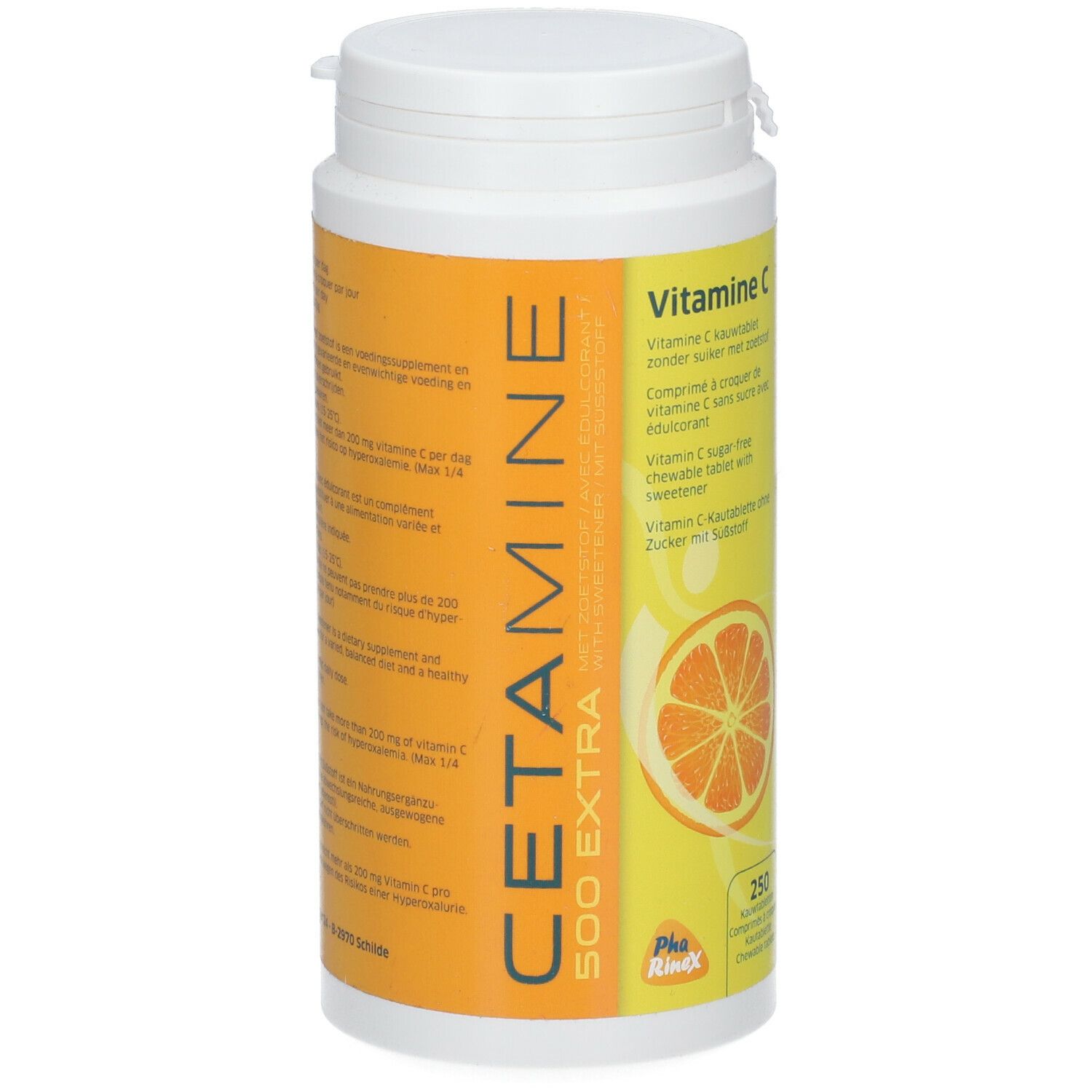 Witte fles met geel etiket. Opschrift CETAMINE 500 EXTRA. Vitamine C kauwtabletten. 250 stuks. Met sinaasappelschijf.