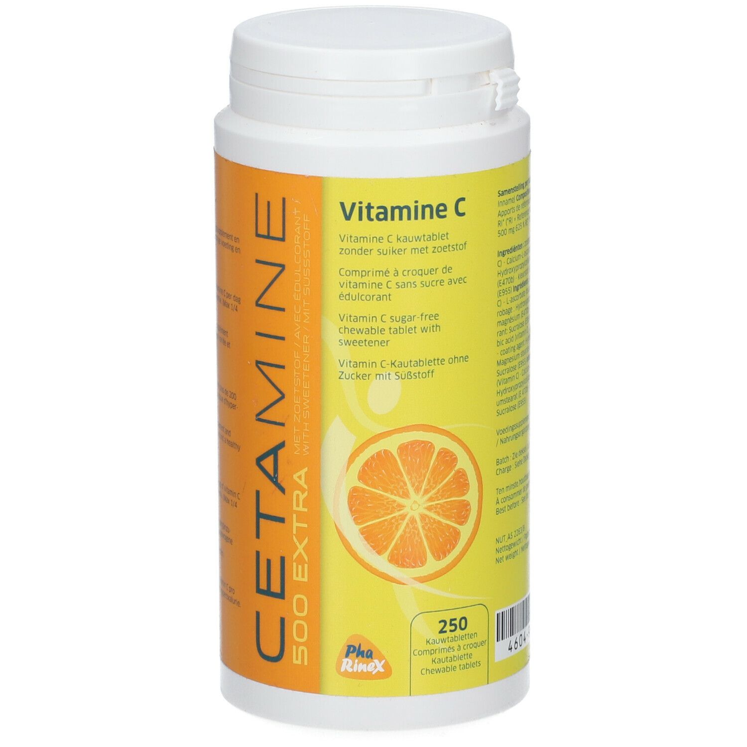 Witte fles met geel etiket. Opschrift CETAMINE 500 EXTRA. Vitamine C kauwtabletten. 250 stuks. Met sinaasappelschijf.