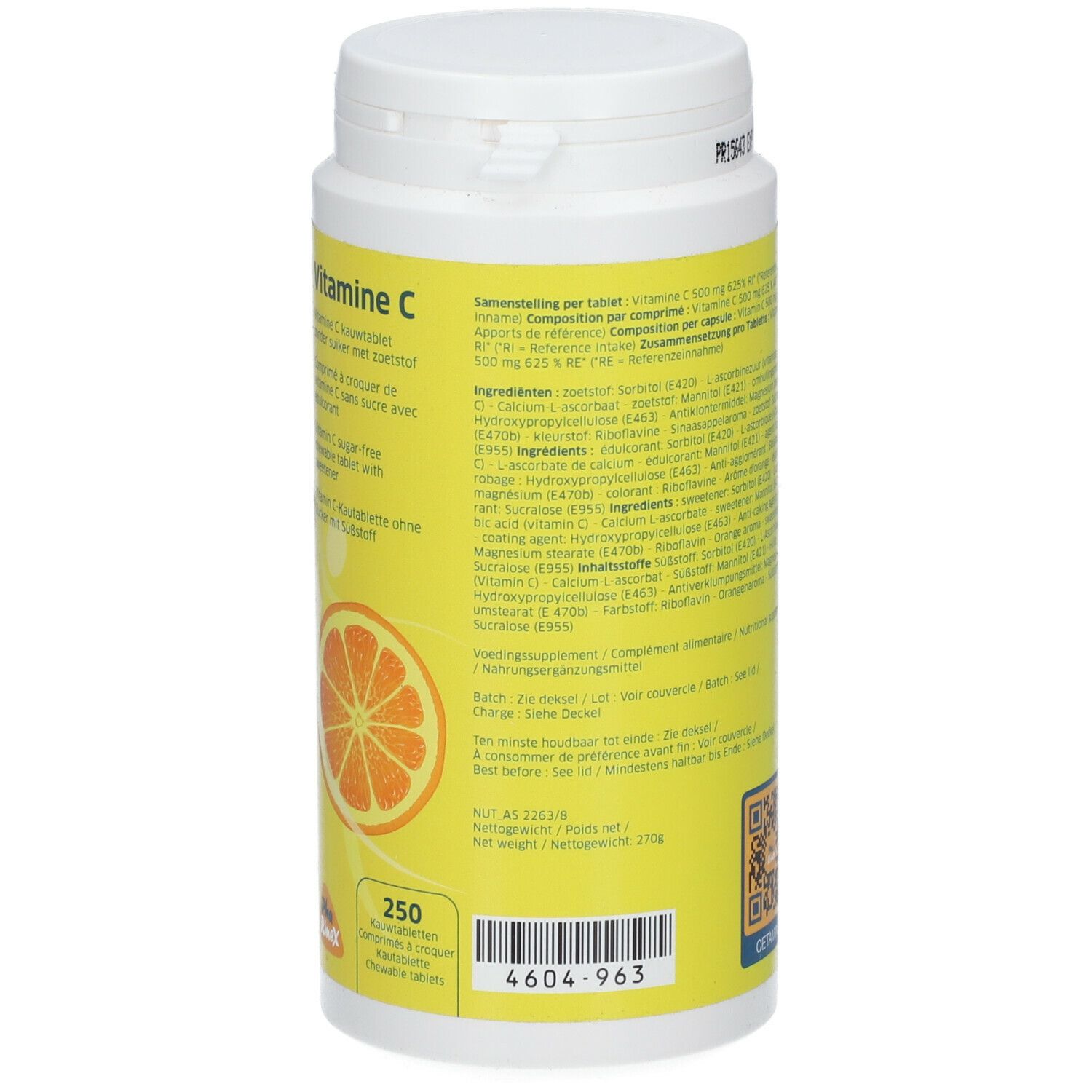 Achterkant van de witte fles. Geel etiket met tekst in meerdere talen. Ingrediëntenlijst, chargenummer en gewicht.