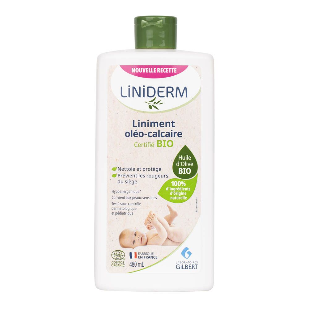 Flacon blanc avec pompe verte. Inscription : Liniderm Oléo-Calcaire Bio. Produit certifié.