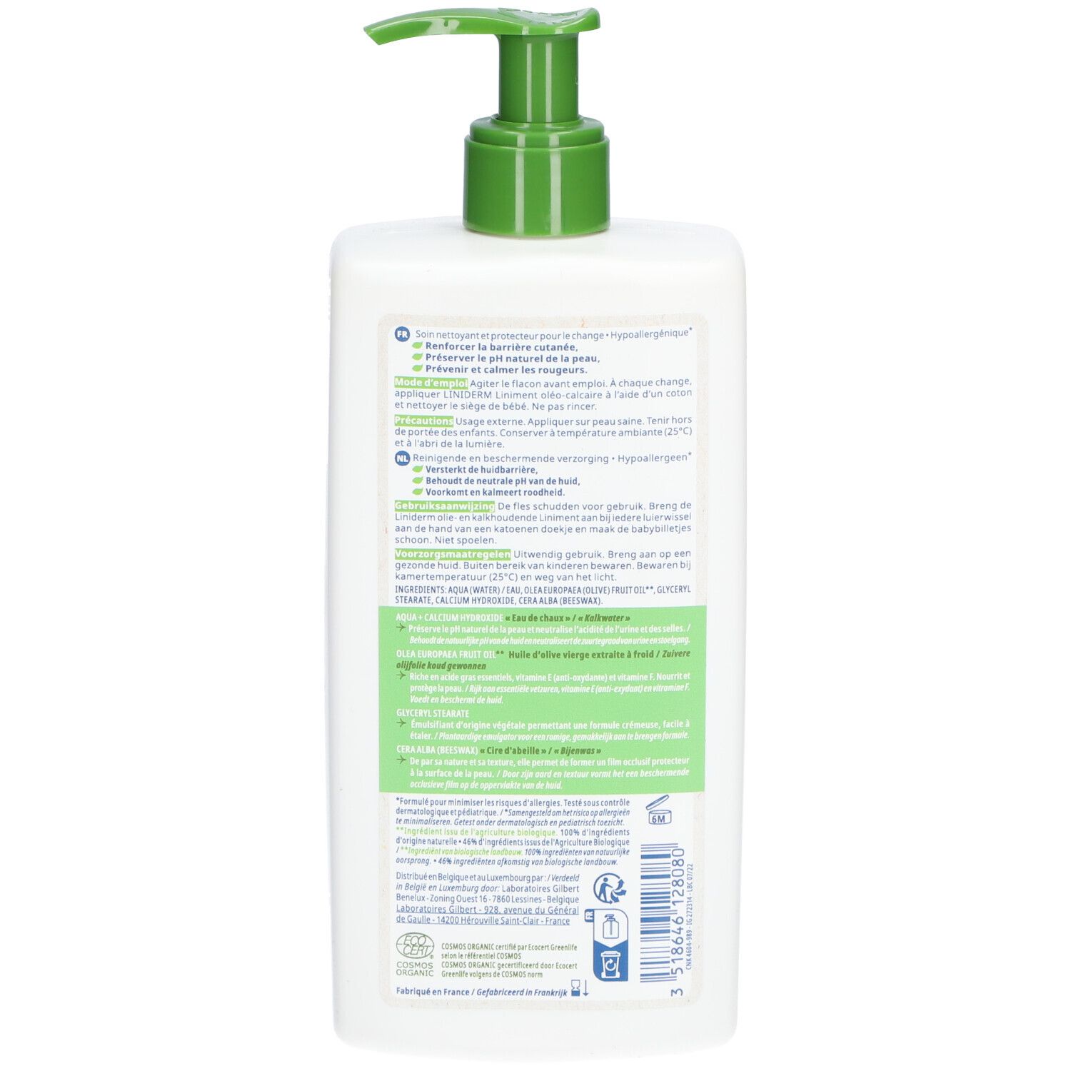 Rückseite eines weißen Fläschchens mit grüner Pumpe. Text in mehreren Sprachen. Produktinformationen.