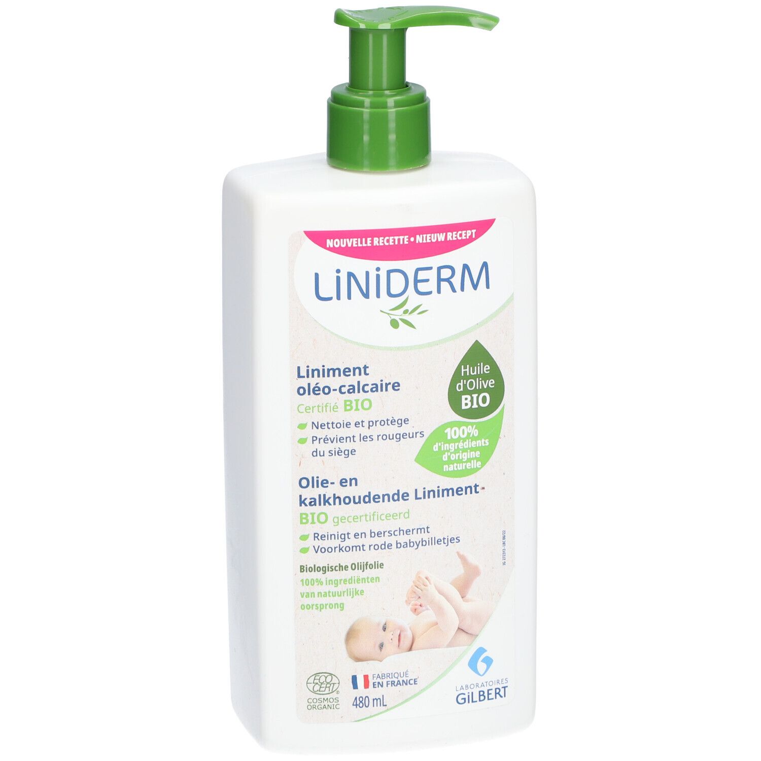 Weißes Fläschchen mit grünem Pumpkopf. Aufschrift: Liniderm Oléo-Calcaire Bio. Zertifiziertes Produkt.