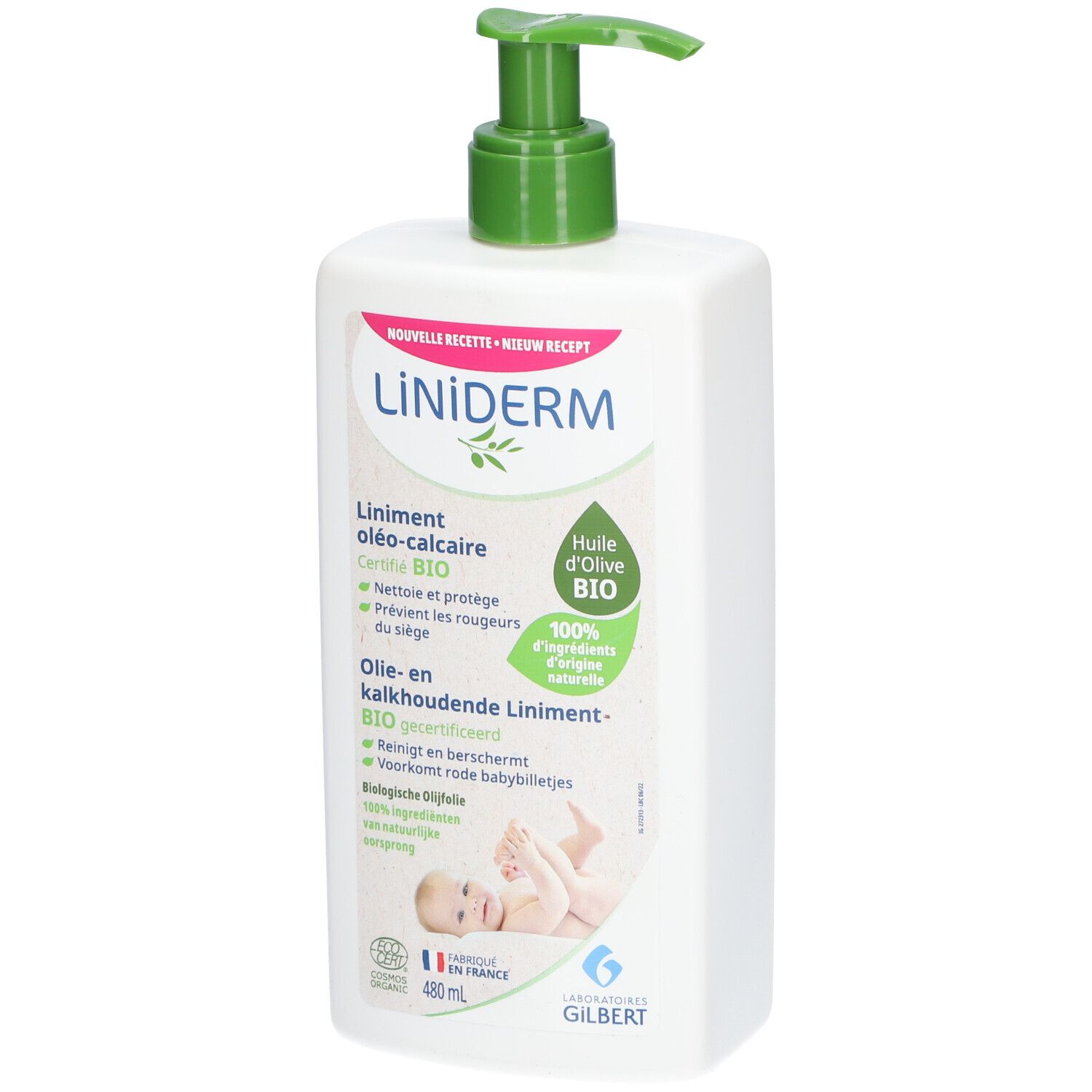 Weißes Fläschchen mit grünem Pumpkopf. Aufschrift: Liniderm Oléo-Calcaire Bio. Zertifiziertes Produkt.