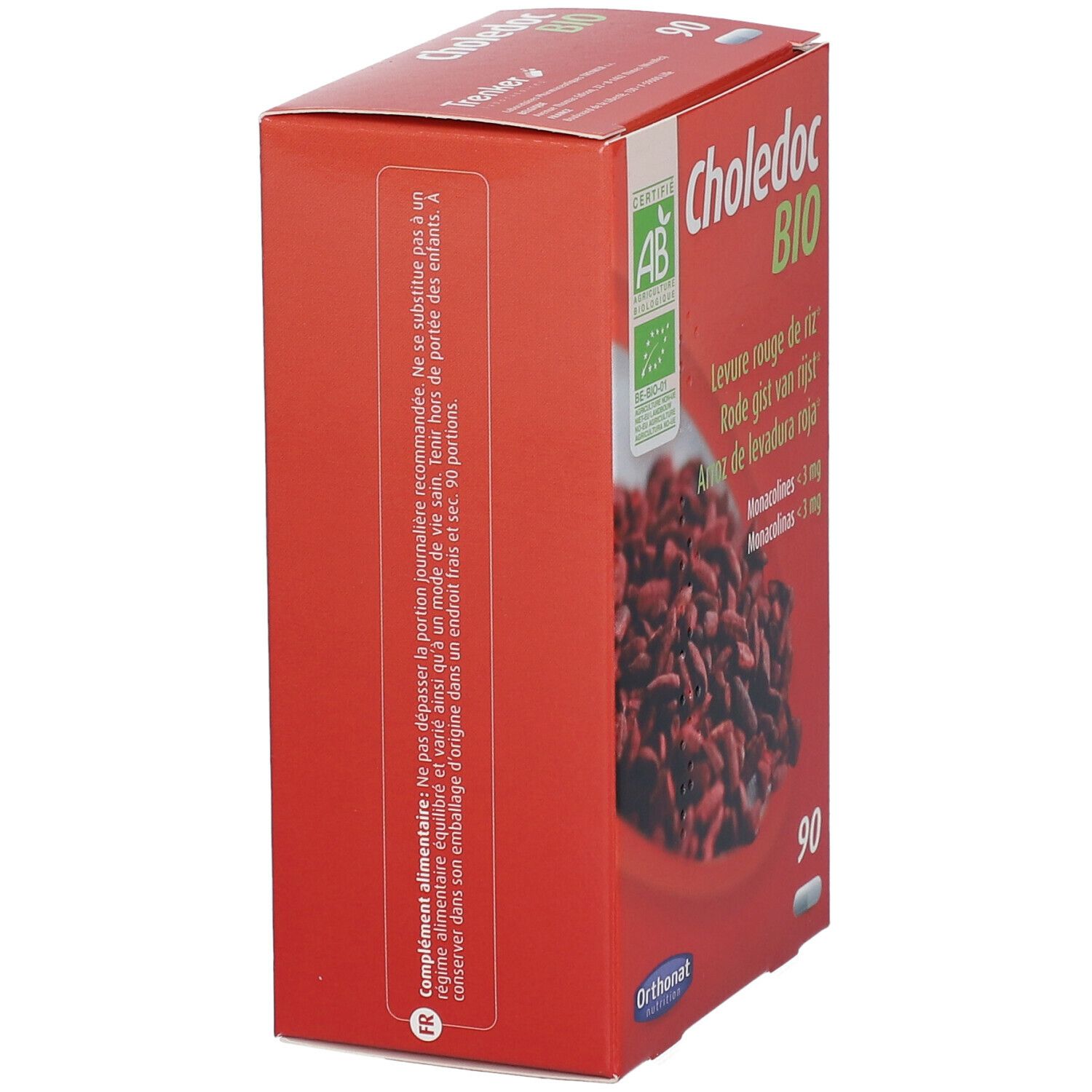 Rode doos "Choledoc BIO". Zijzicht met tekst. AB-Bio certificering. Orthonat Nutrition logo.