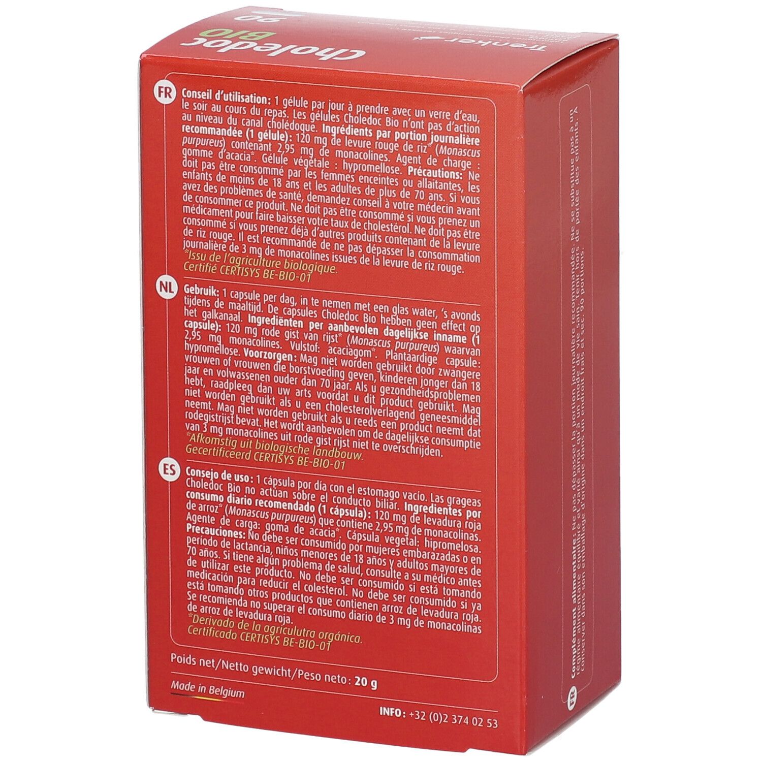 Rode doos "Choledoc BIO". Tekst in Frans, Nederlands en Spaans. 20g. AB-Bio certificering.