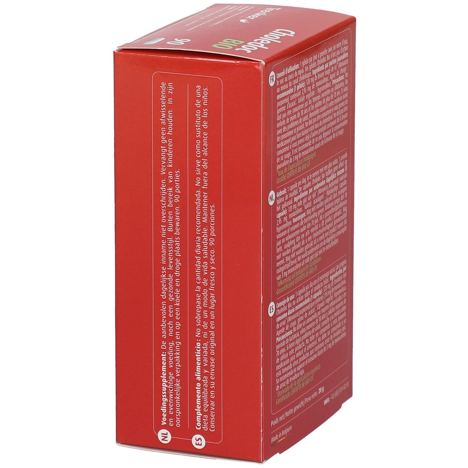 Rode doos "Choledoc BIO". Tekst in Nederlands en Spaans. 90 tabletten. AB-Bio certificering.