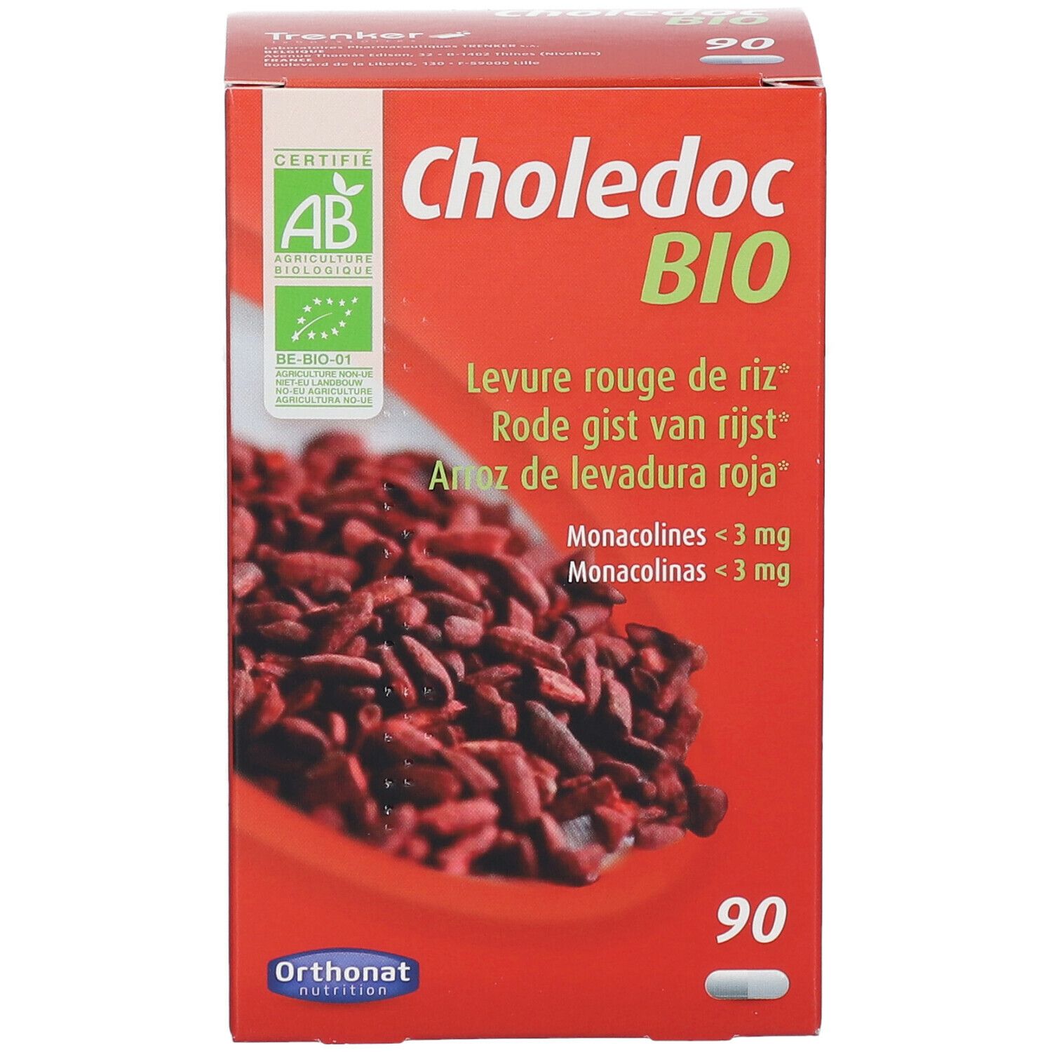 Rode doos "Choledoc BIO". Illustratie van rode rijst. 90 tabletten. AB-Bio certificering.