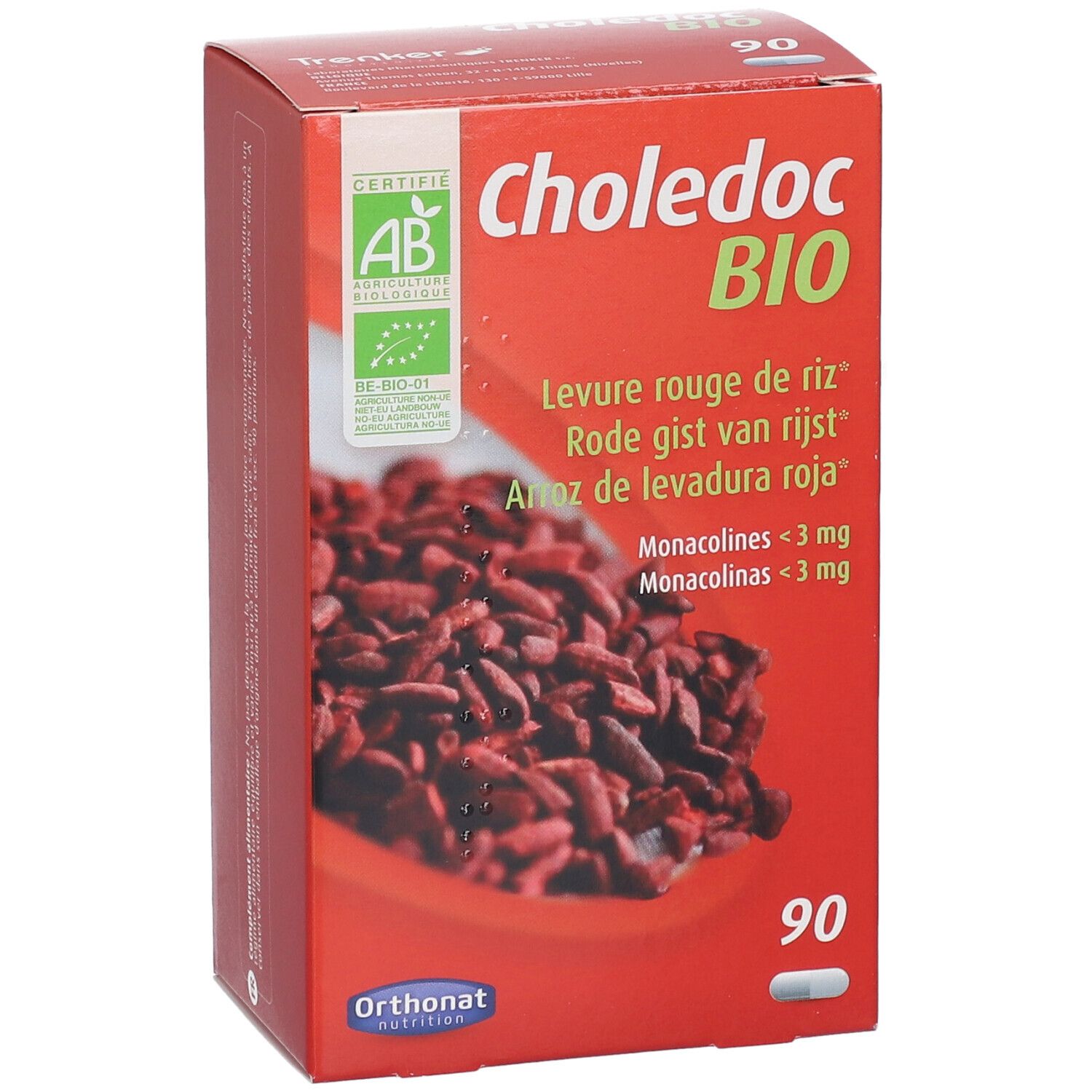Rode doos "Choledoc BIO". Illustratie van rode rijst. 90 tabletten. AB-Bio certificering.