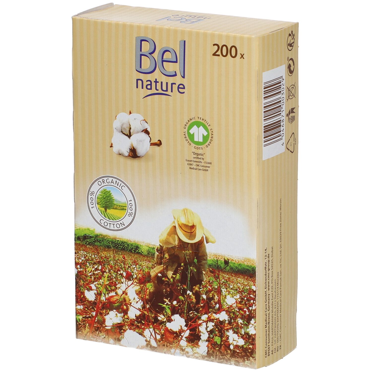 Kartonnen verpakking Bel nature, 200 stuks. Afbeelding van katoen en veld. Opschrift: 100% biologisch katoen.