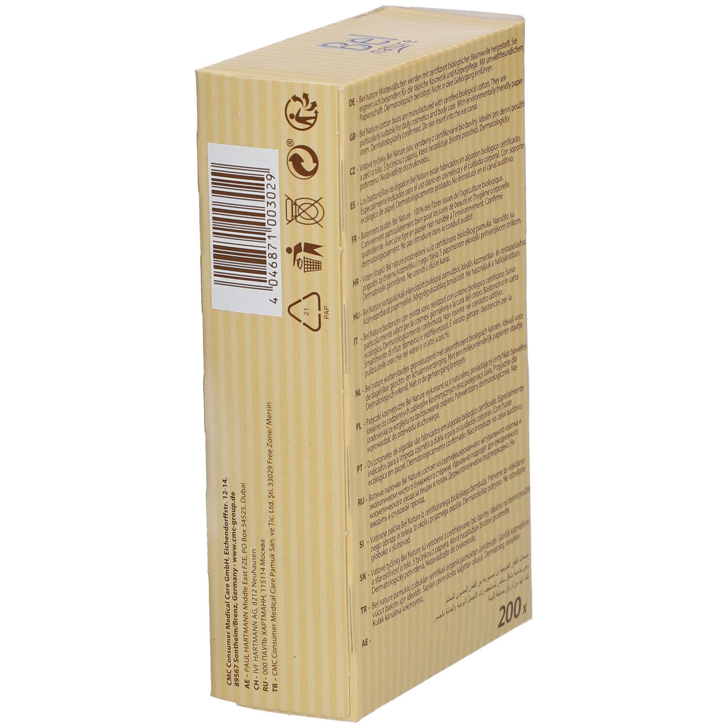 Kartonnen verpakking Bel nature, 200 stuks. Barcode en recyclingsymbolen. Opschrift: 100% biologisch katoen.