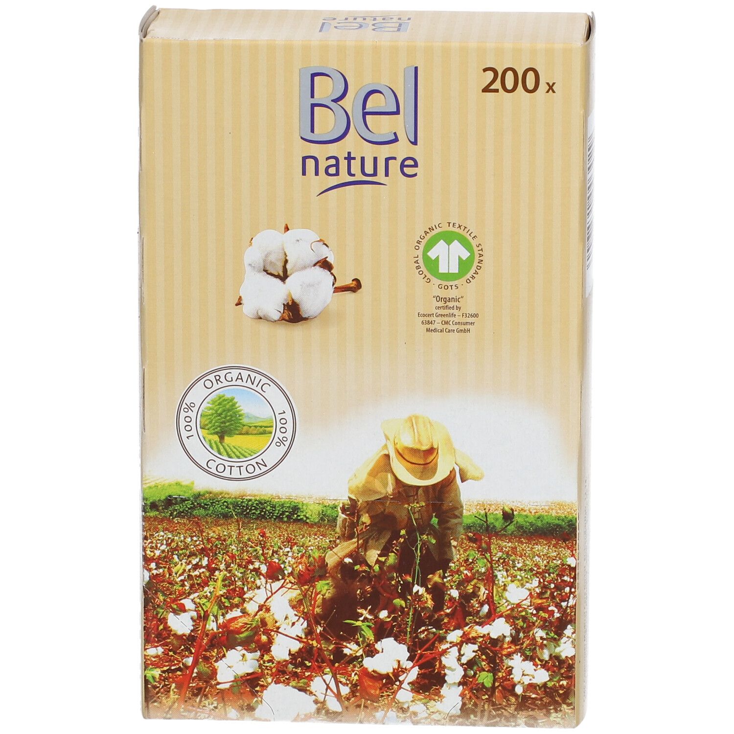 Kartonnen verpakking Bel nature, 200 stuks. Afbeelding van katoen en veld. Opschrift: 100% biologisch katoen.