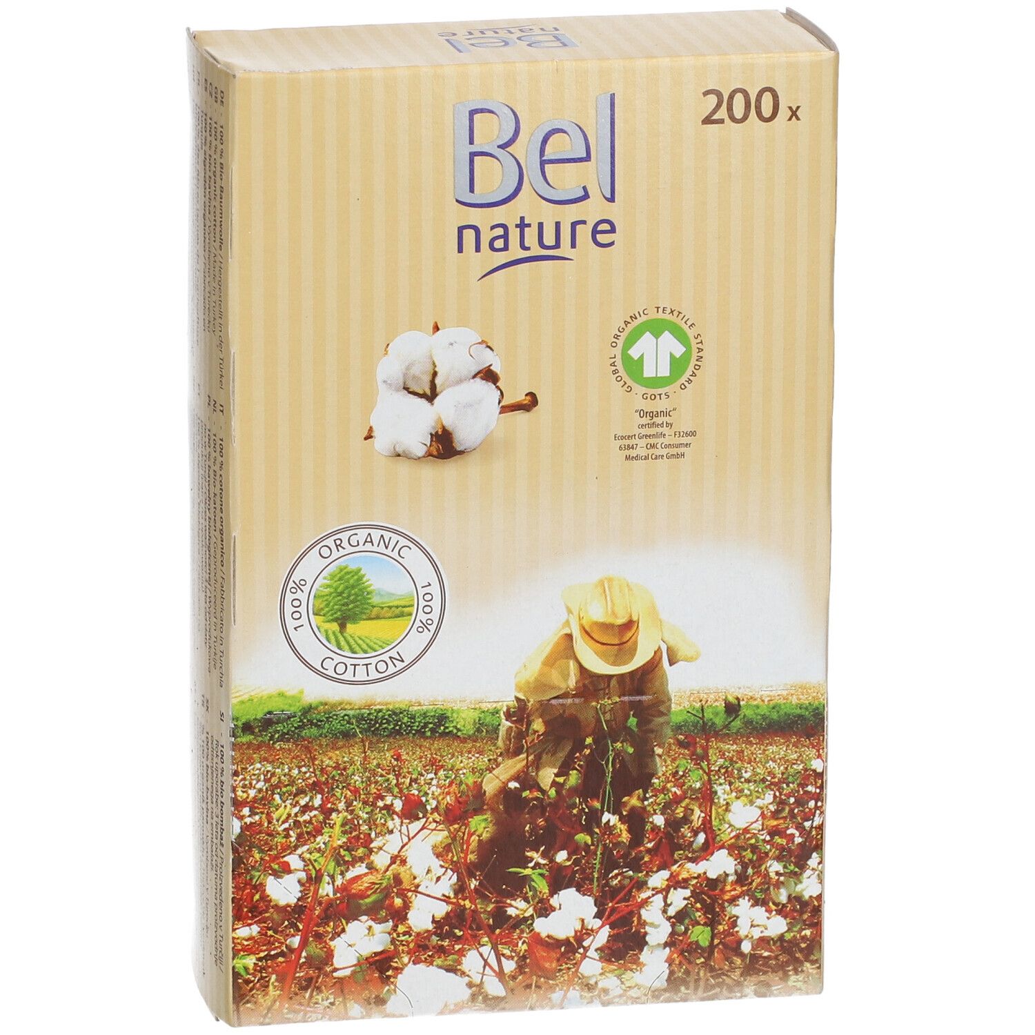 Kartonnen verpakking Bel nature, 200 stuks. Afbeelding van katoen en veld. Opschrift: 100% biologisch katoen.