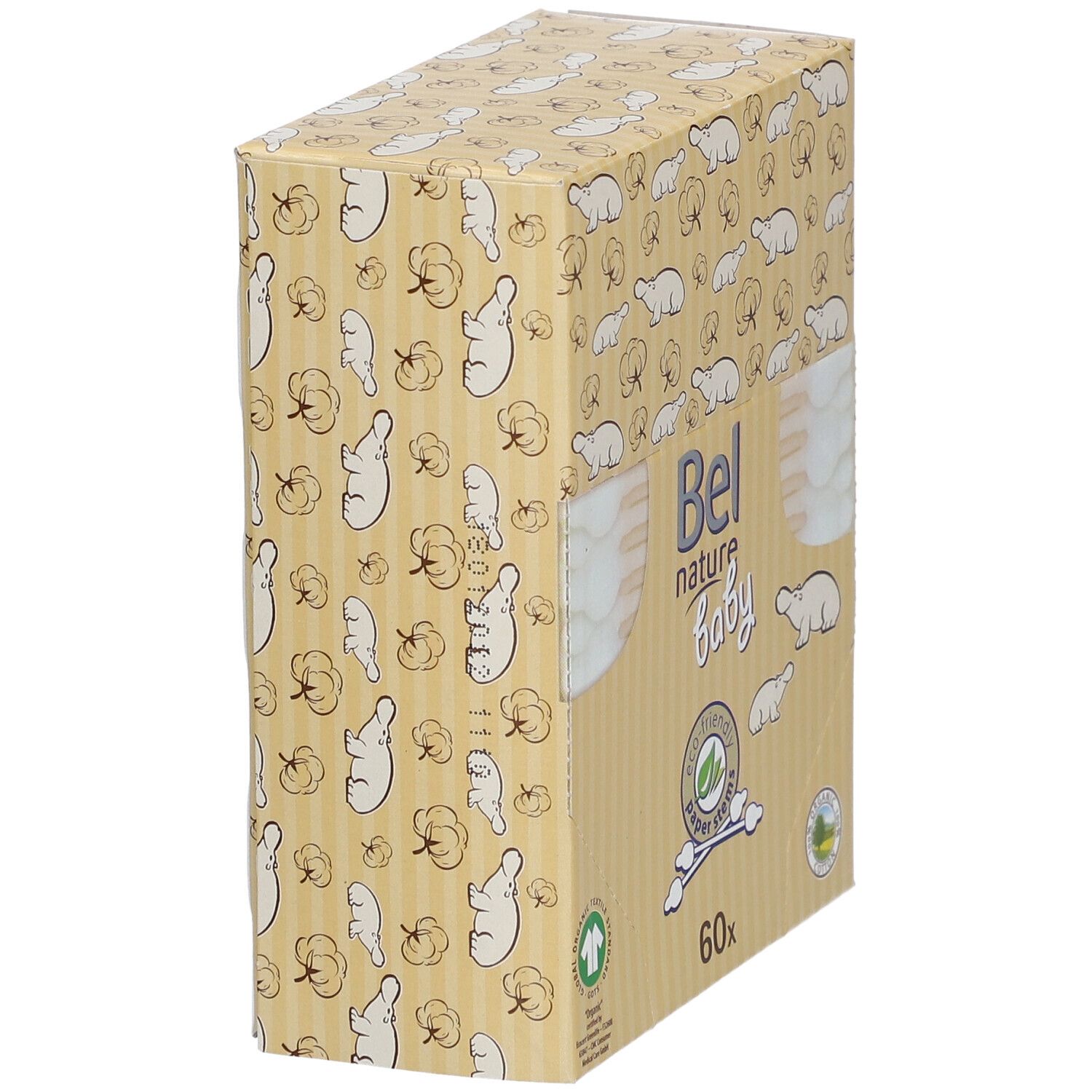 Karton mit Baby-Wattestäbchen, Marke Bel nature baby. Seitenansicht. Elefanten- und Baumwollmuster auf der Verpackung.