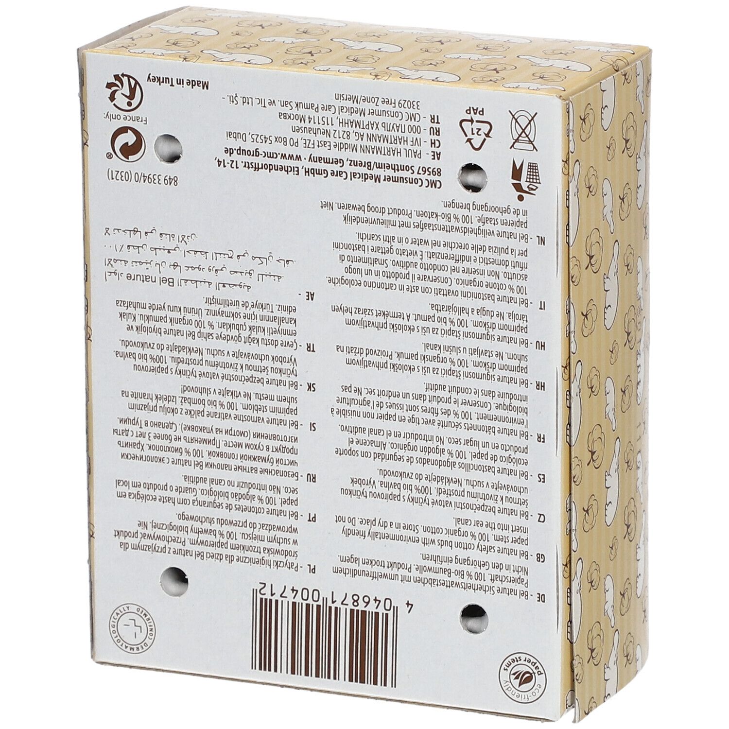 Rückseite der Baby-Wattestäbchen-Verpackung. Text in mehreren Sprachen. Recycling- und Umweltzeichen.