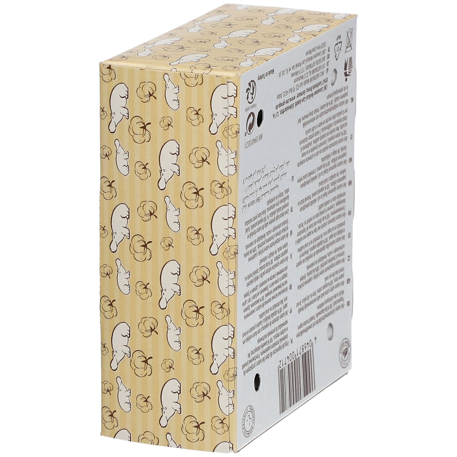 Seitenansicht der Baby-Wattestäbchen-Verpackung. Text und Recycling-Zeichen. Elefanten- und Baumwollmuster.