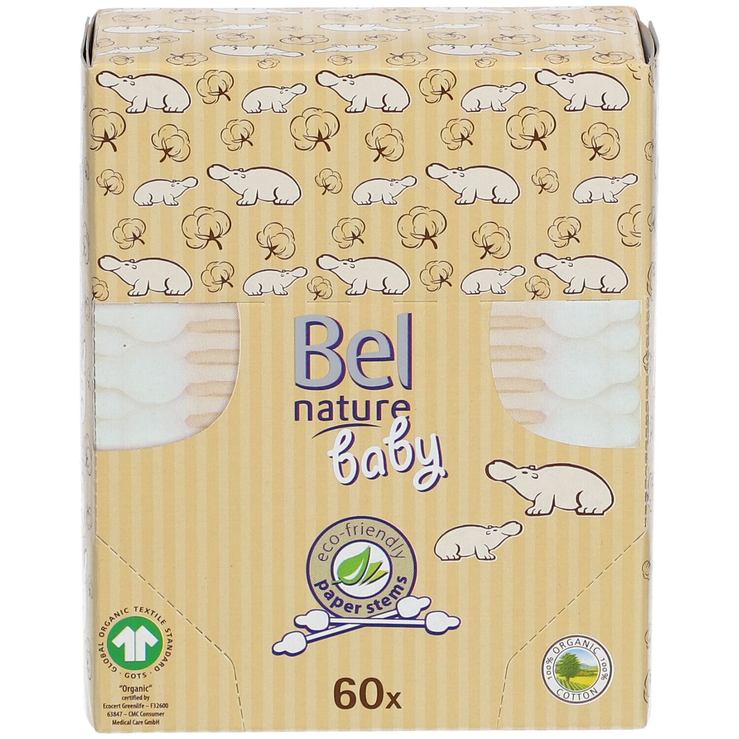 Vorderseite der Baby-Wattestäbchen-Verpackung. Marke Bel nature baby. 60 Stück. Öko-freundliche Papierstiele.