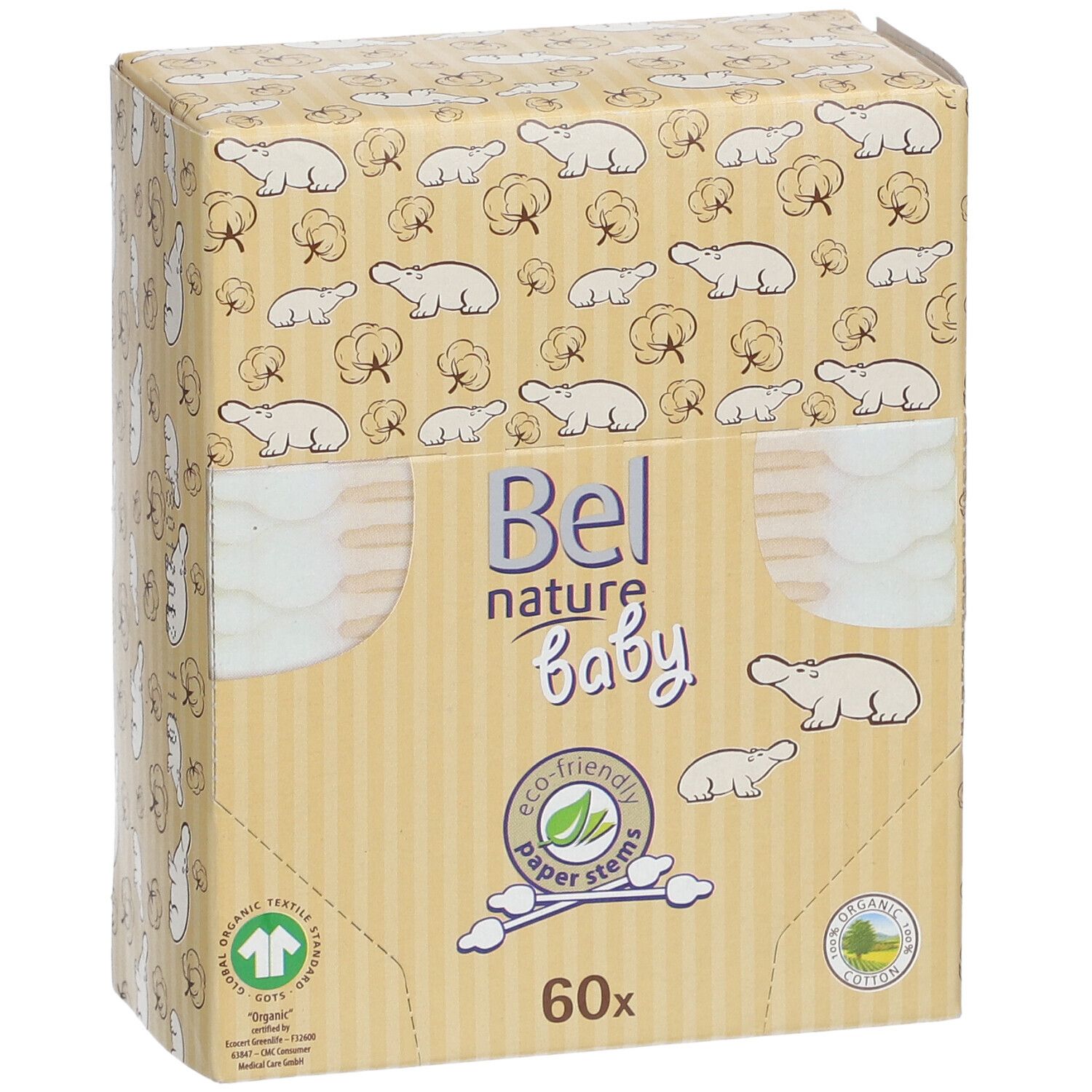 Vorderansicht der Baby-Wattestäbchen-Verpackung. Marke Bel nature baby. 60 Stück. Öko-freundliche Papierstiele.