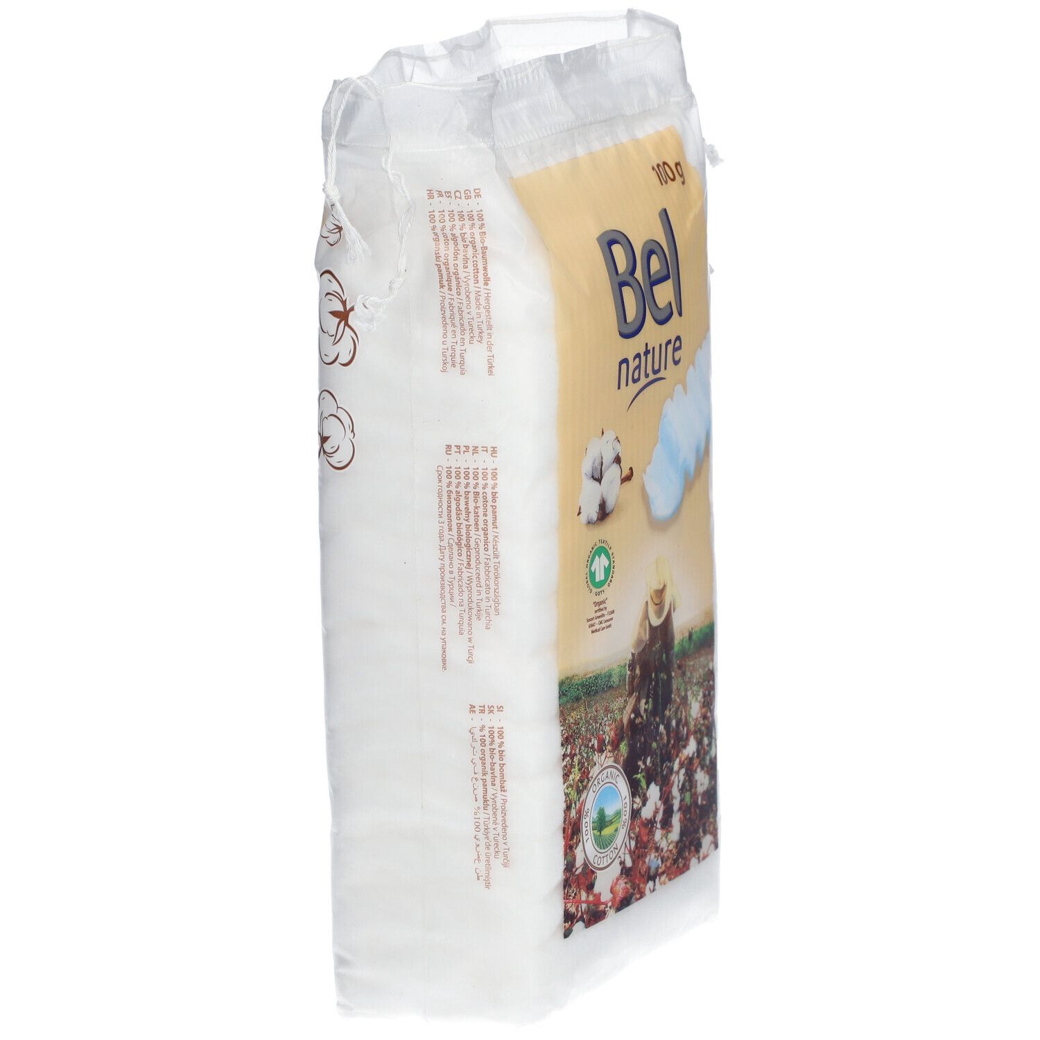 Seitenansicht der Verpackung mit gefalteter Baumwolle. Aufdruck: Bel nature, 100g.  Bio-Siegel.  Text auf der Rückseite.