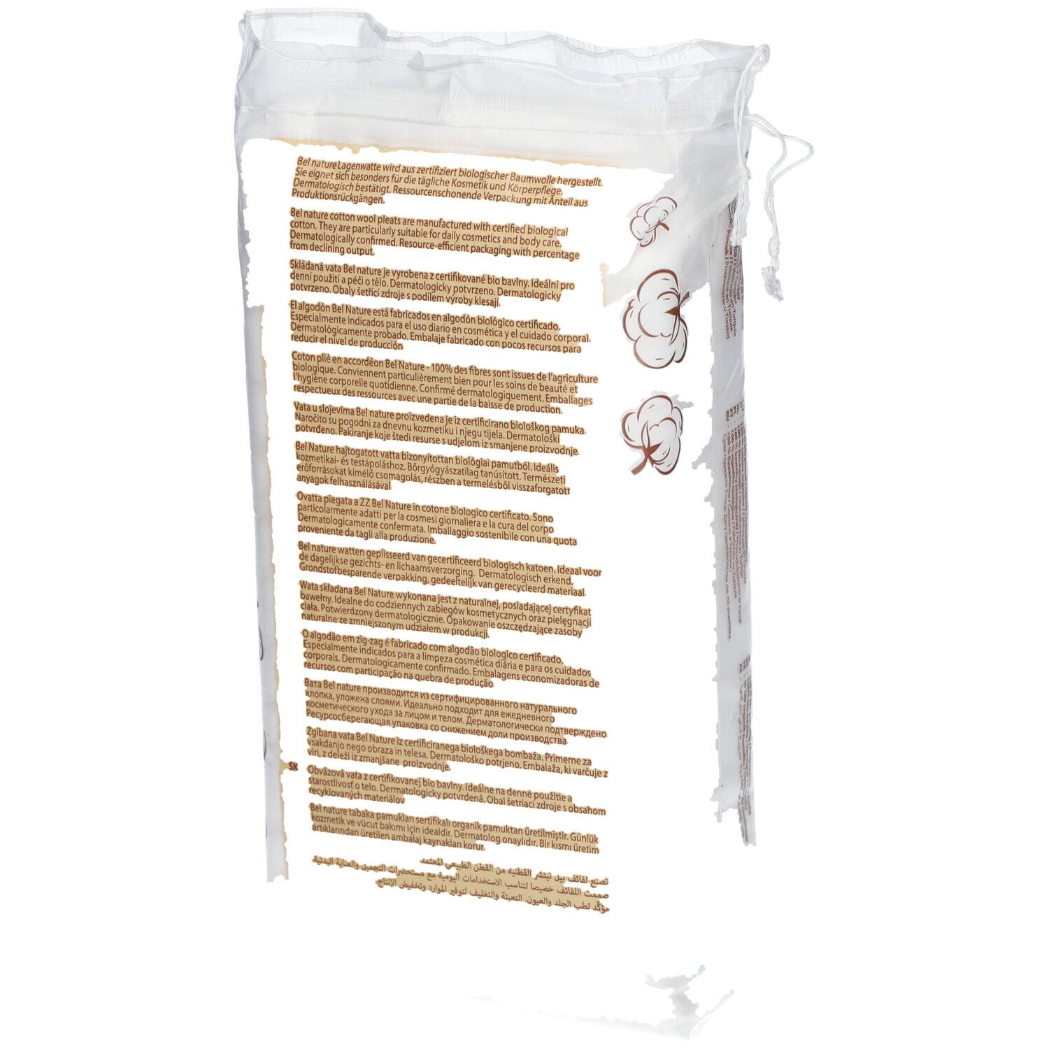 Rückseite der Verpackung mit Text. Abbildungen von Baumwollblüten. Text in mehreren Sprachen.