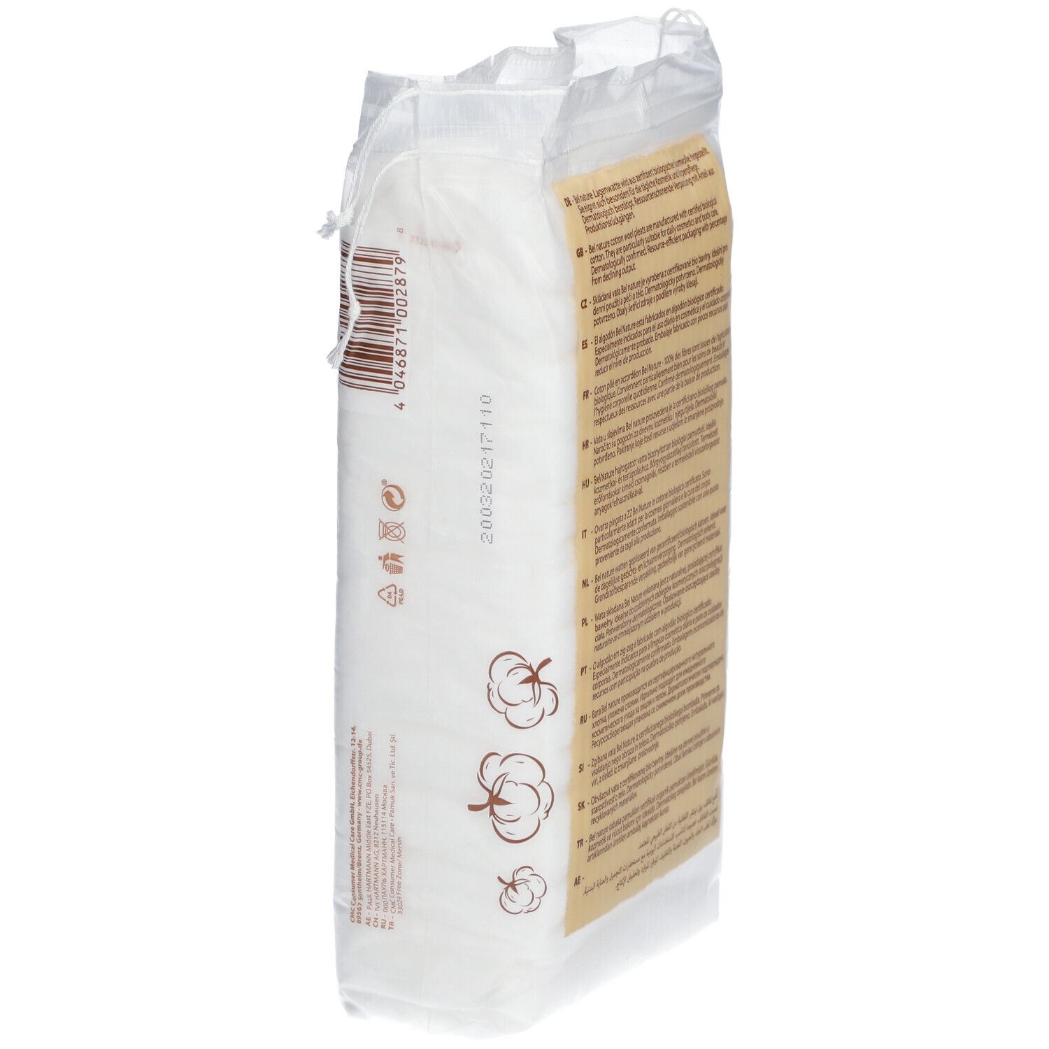 Seitenansicht der Verpackung mit Text. Abbildungen von Baumwollblüten. Barcode und Produktionsdatum.