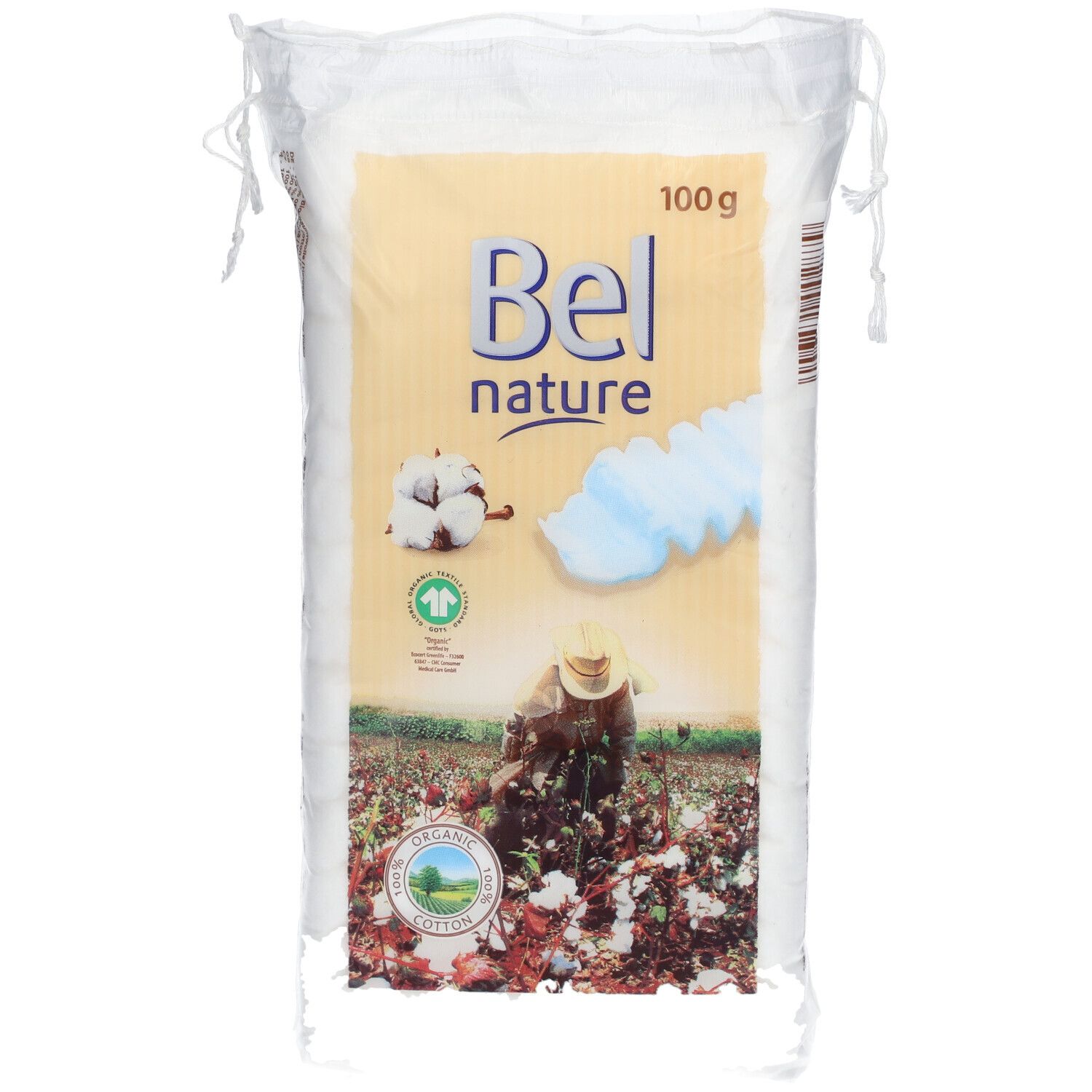 Verpackung mit gefalteter Baumwolle. Aufdruck: Bel nature, 100g, Bio-Siegel. Abbildung: Baumwollfeld.