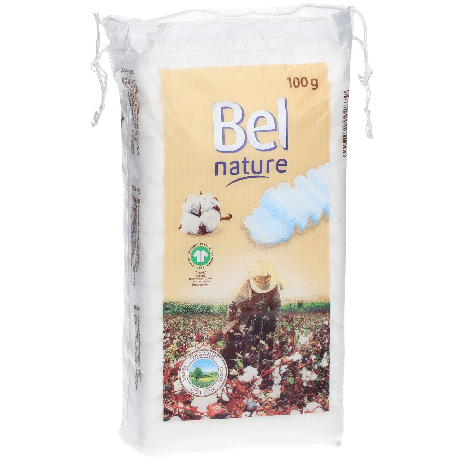 Verpackung mit gefalteter Baumwolle. Aufdruck: Bel nature, 100g, Bio-Siegel. Abbildung: Baumwollfeld.