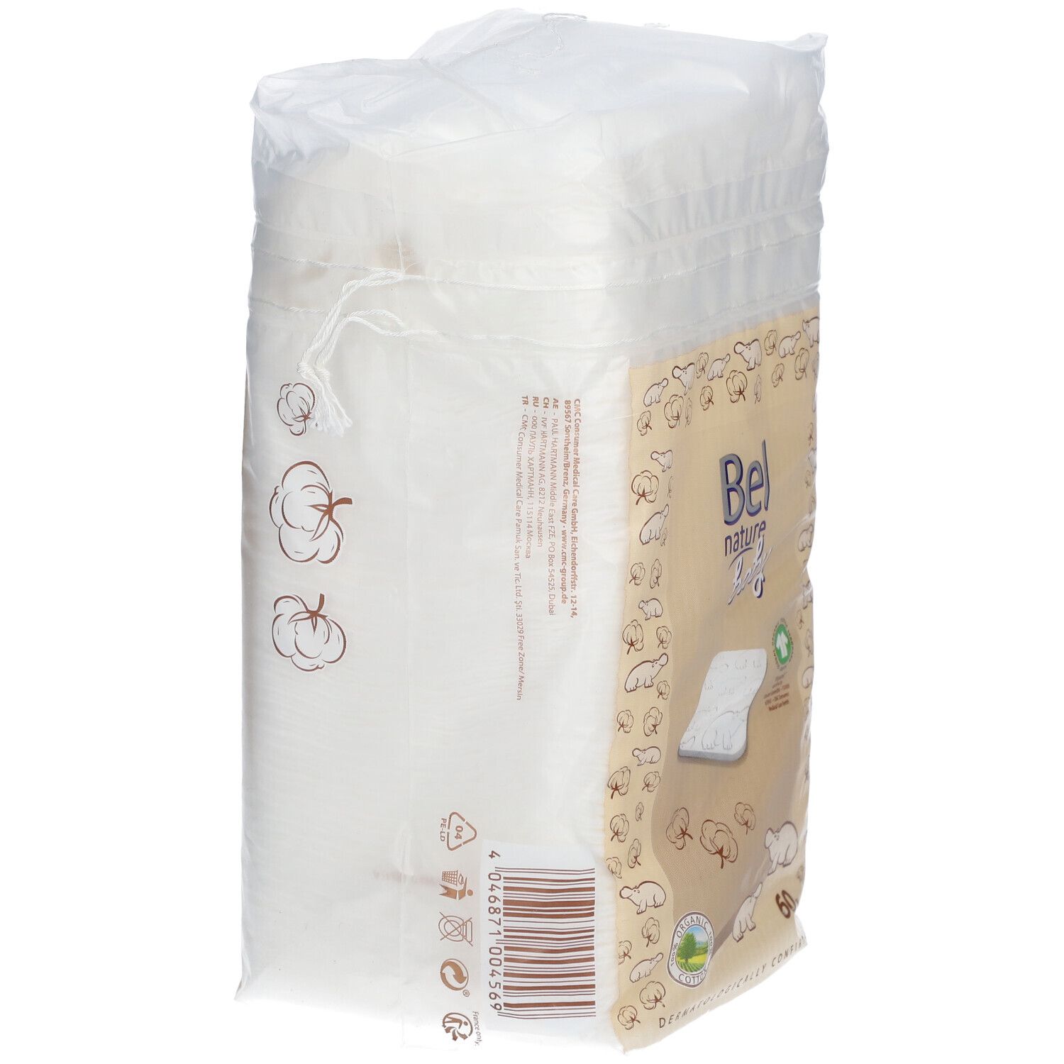 Seitenansicht der Verpackung mit weißen Reinigungstüchern. Aufdruck: Bel nature Baby. Baumwoll- und Bären-Illustrationen. Barcode.