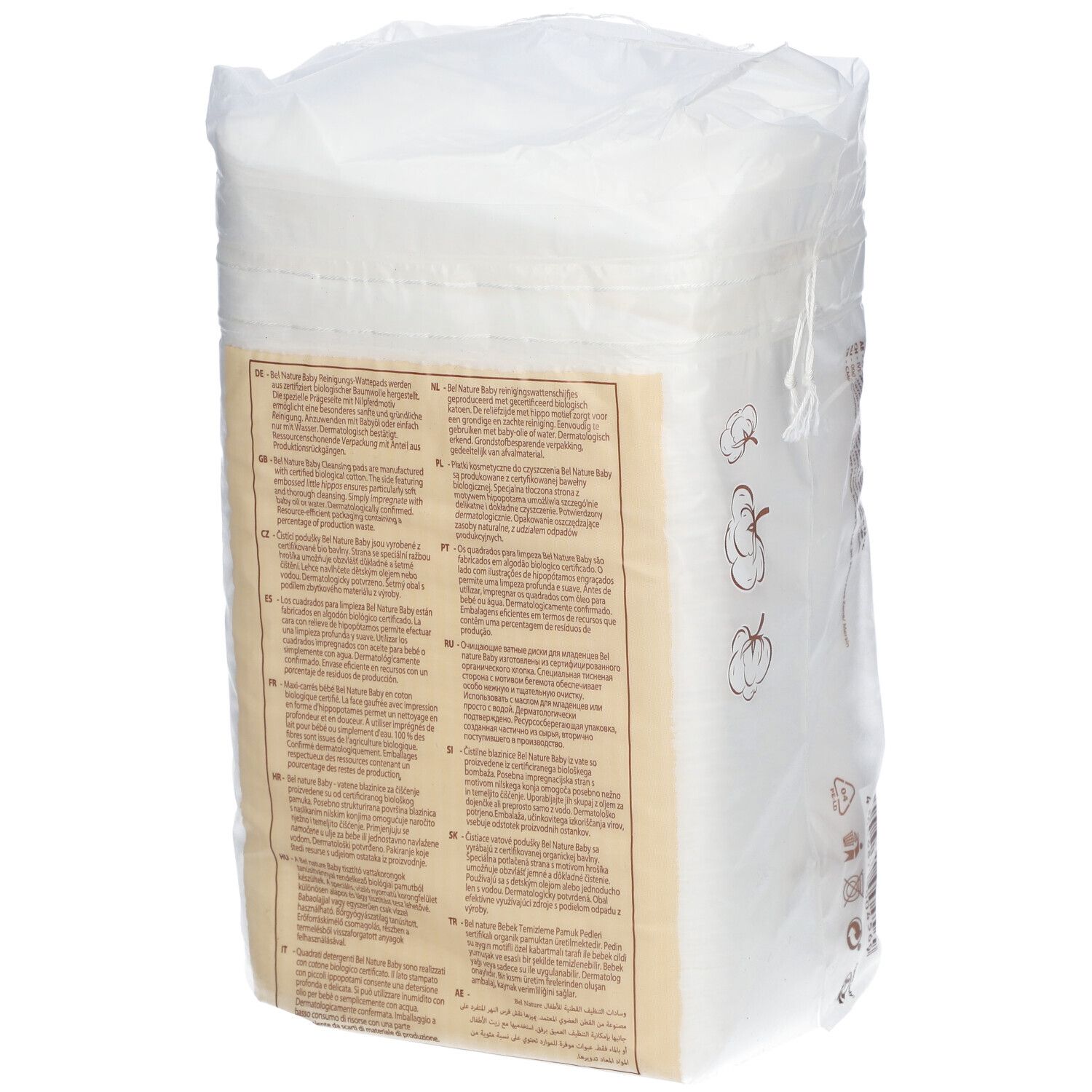 Rückseite der Verpackung mit weißen Reinigungstüchern. Text in mehreren Sprachen. Baumwoll- und Bären-Illustrationen.