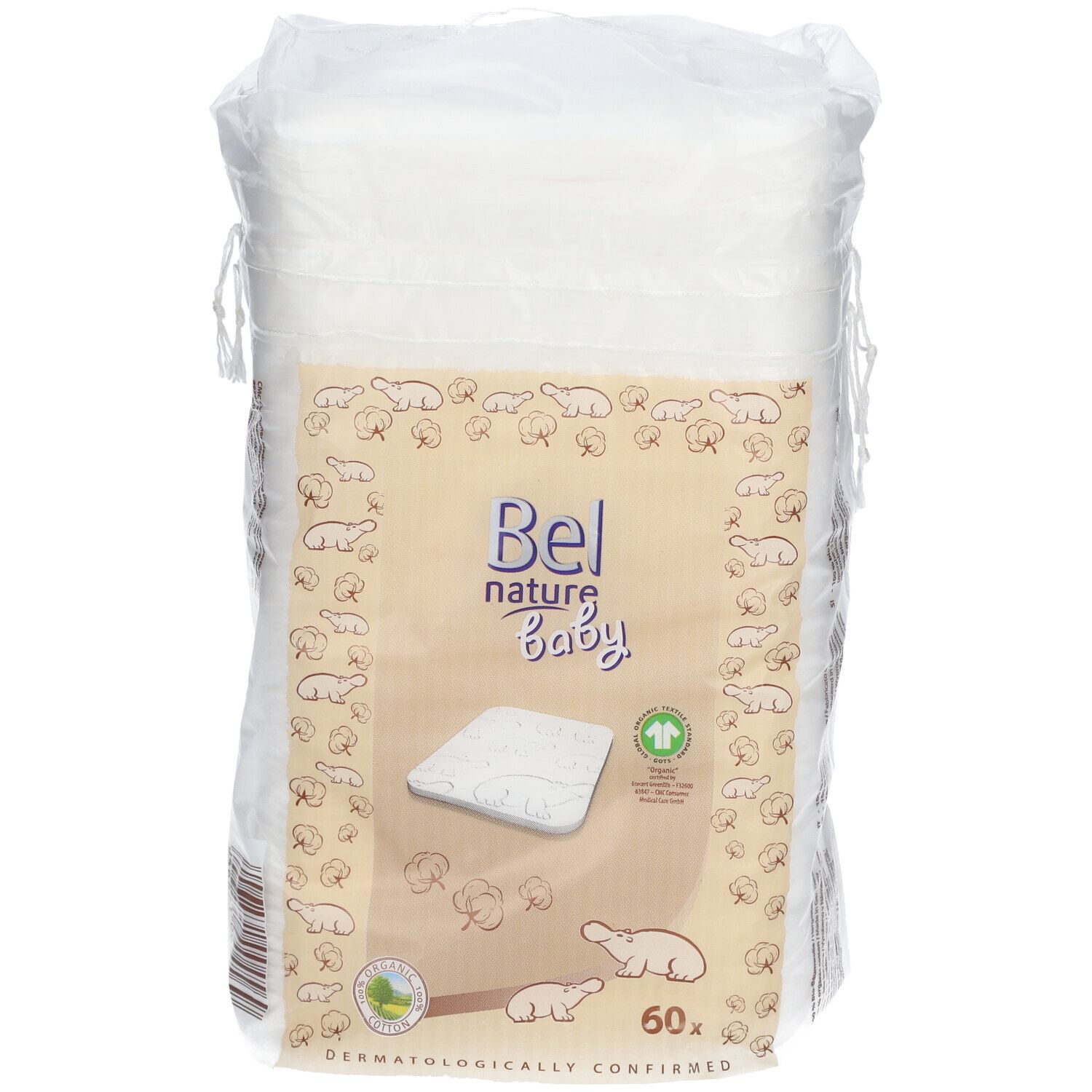 Verpackung mit weißen Reinigungstüchern. Aufdruck: Bel nature Baby, 60 Stück, dermatologisch bestätigt. Baumwoll- und Bären-Illustrationen.