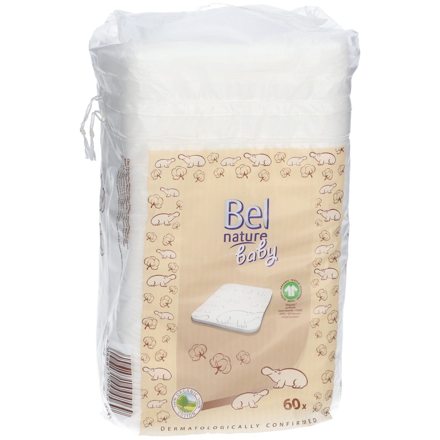 Verpackung mit weißen Reinigungstüchern. Aufdruck: Bel nature Baby, 60 Stück, dermatologisch bestätigt. Baumwoll- und Bären-Illustrationen.