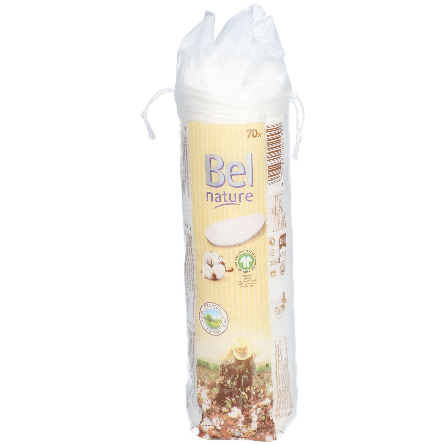 Paquet de tampons nettoyants Bel Nature. Forme cylindrique, emballage transparent. Impression avec logo, illustration de coton et texte.