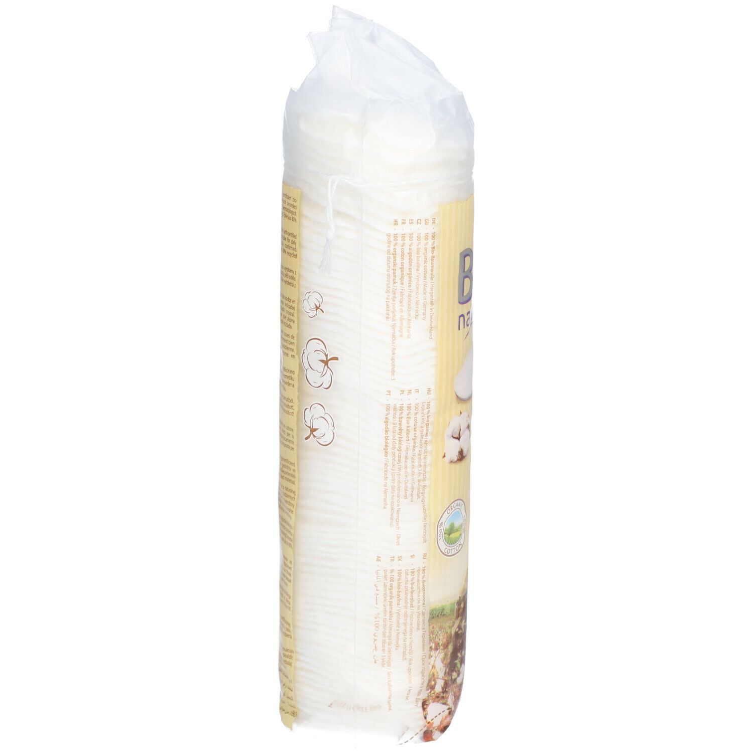Tampons nettoyants Bel Nature dans un emballage transparent. Forme cylindrique. Impression avec logo et texte sur fond jaune.