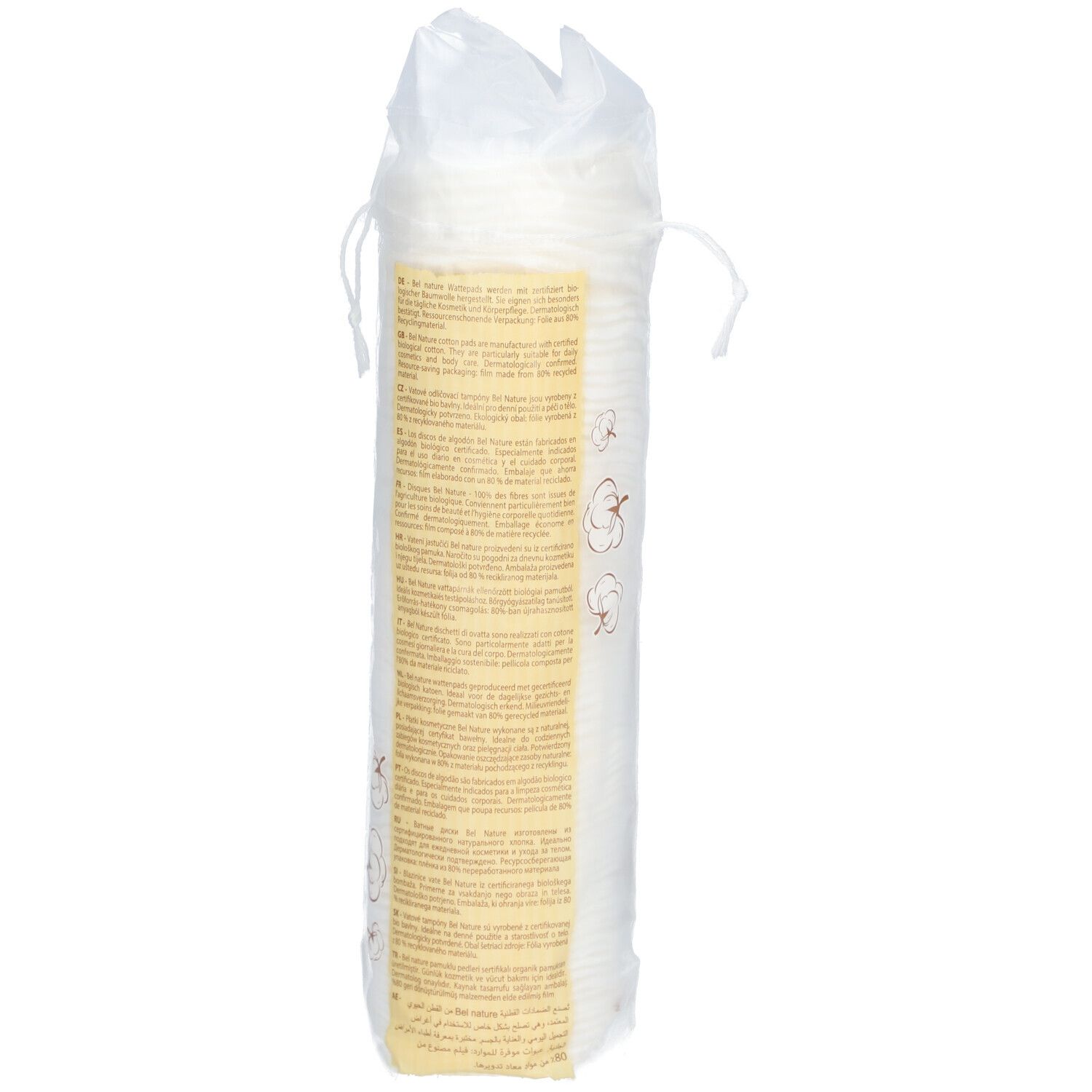 Tampons nettoyants Bel Nature dans un emballage transparent. Forme cylindrique. Dos avec texte sur fond jaune.
