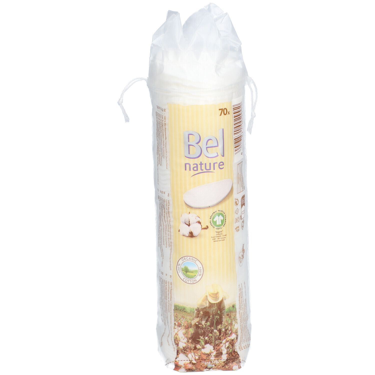 Paquet de tampons nettoyants Bel Nature. Forme cylindrique, emballage transparent. Impression avec logo, illustration de coton et texte.