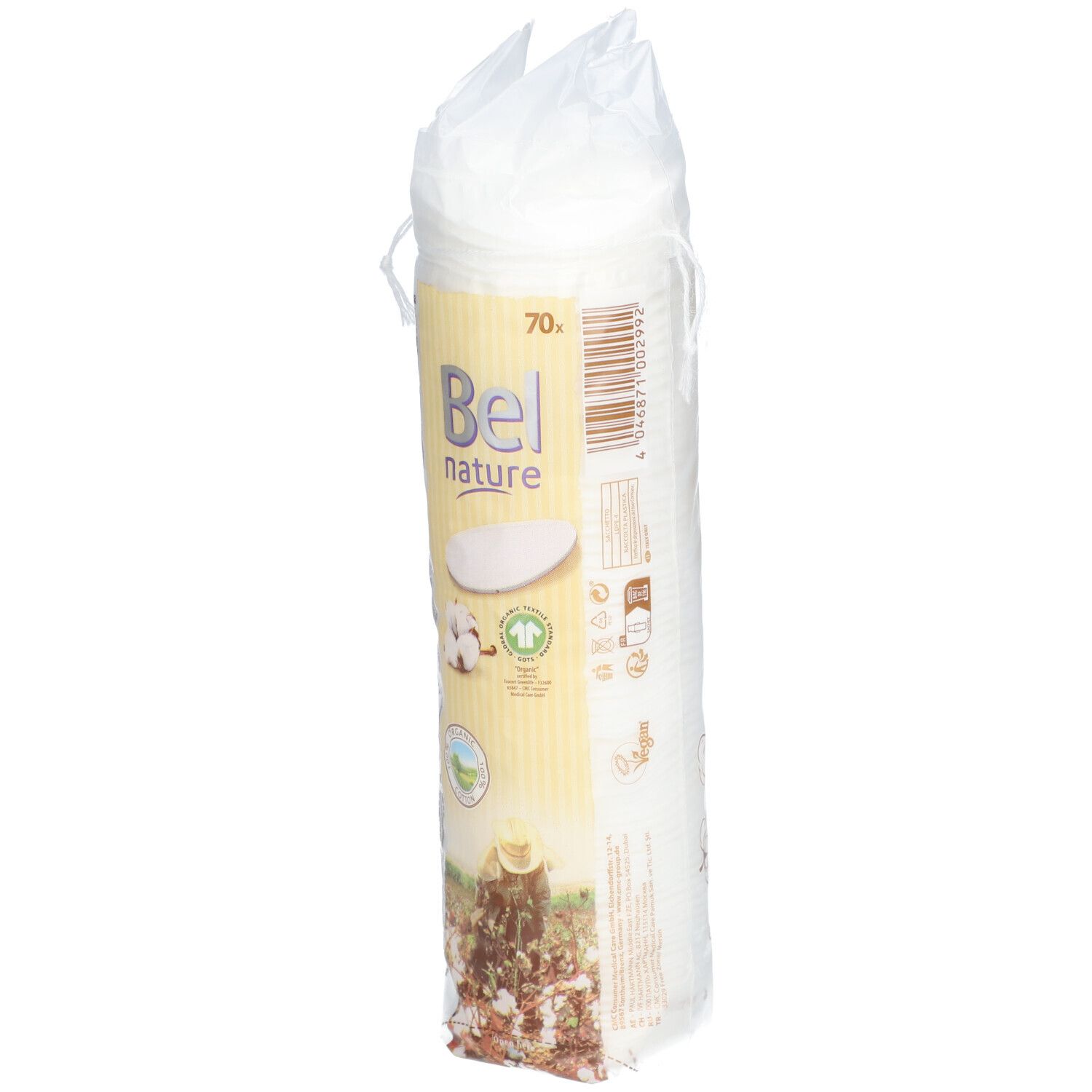 Paquet de tampons nettoyants Bel Nature. Forme cylindrique, emballage transparent. Impression avec logo, illustration de coton et texte.