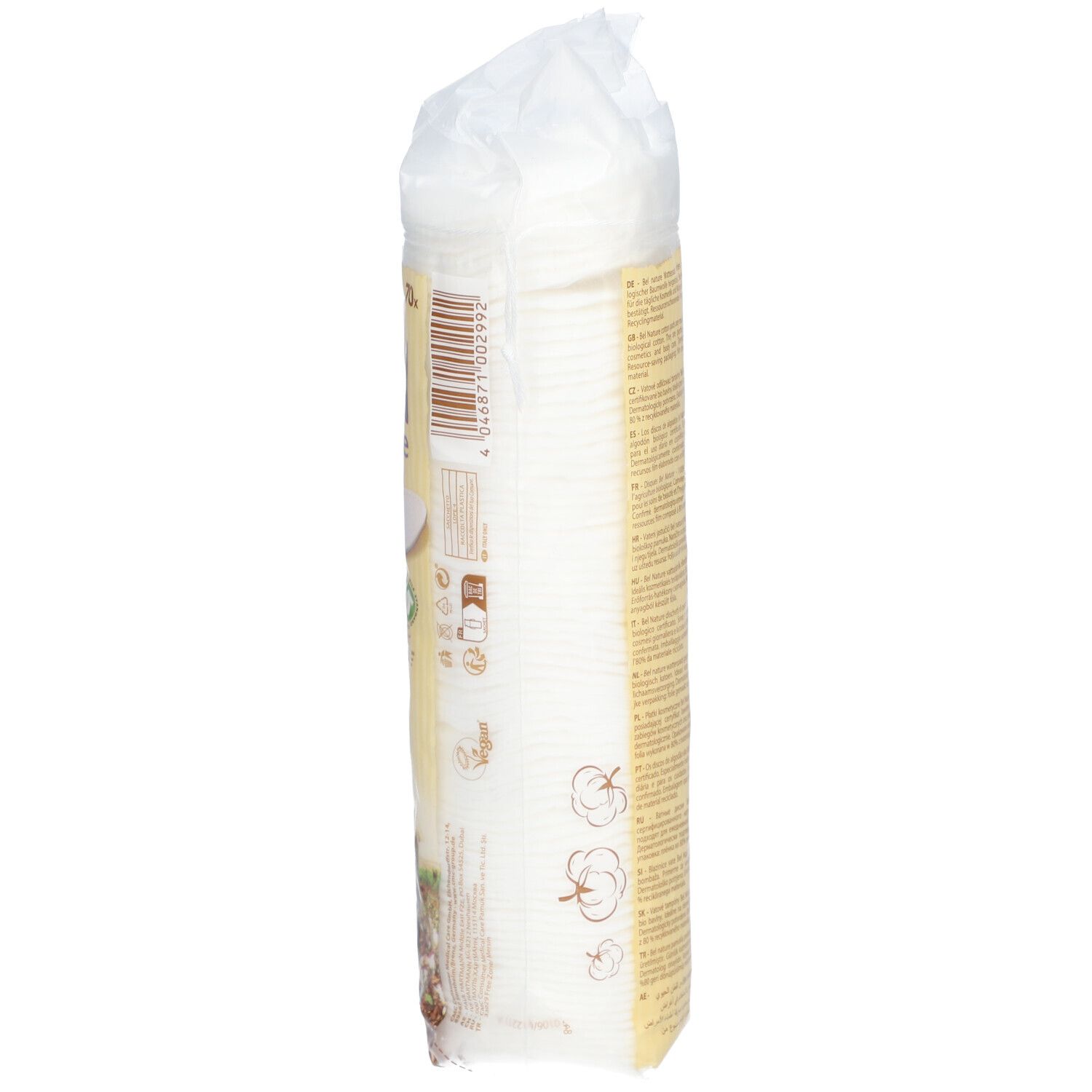 Tampons nettoyants Bel Nature dans un emballage transparent. Forme cylindrique. Dos avec texte sur fond jaune.