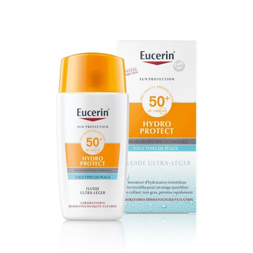 Eucerin Sun Face Hydro Protect Fluide SPF 50+ et emballage. Flacon blanc, bouchon orange, texte visible.