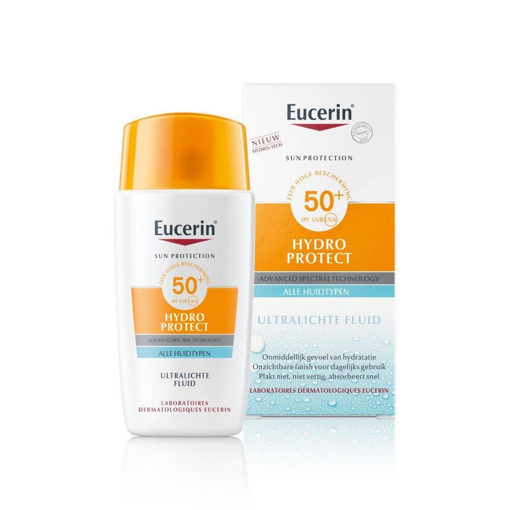 Eucerin Sun Face Hydro Protect Fluid SPF 50+ en verpakking. Wit flesje met oranje dop en tekst.