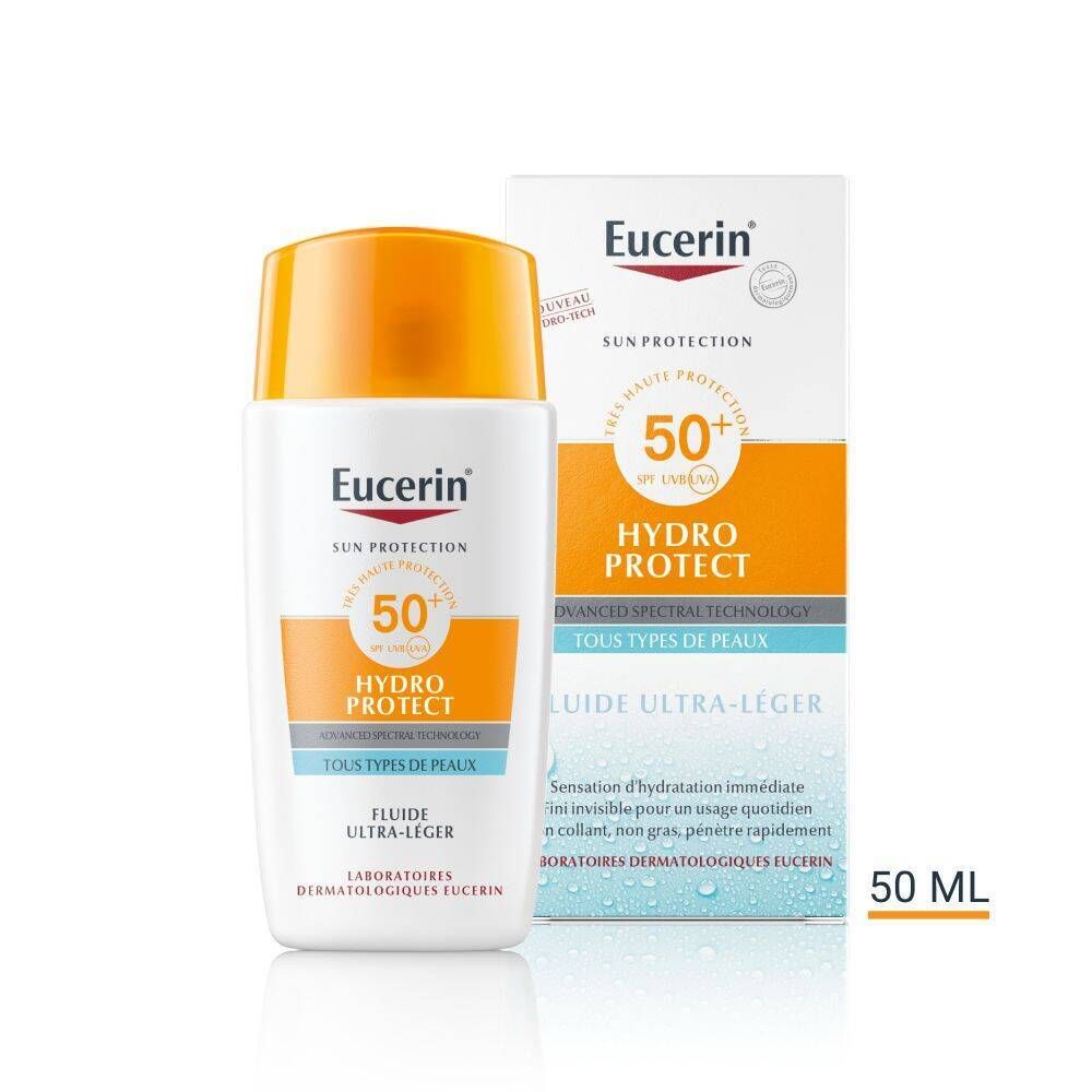 Eucerin Sun Face Hydro Protect Fluide SPF 50+ et emballage. Flacon blanc, bouchon orange, texte visible.