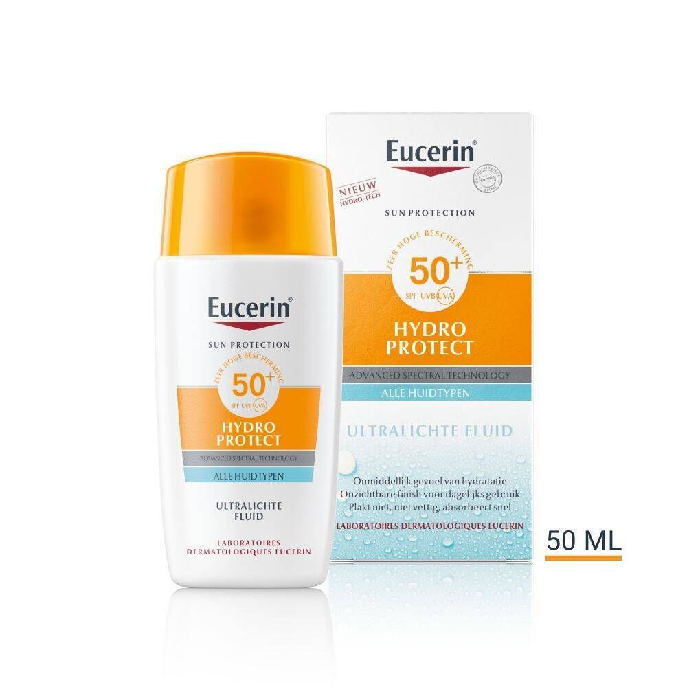 Eucerin Sun Face Hydro Protect Fluid SPF 50+ en verpakking. Wit flesje met oranje dop en tekst.