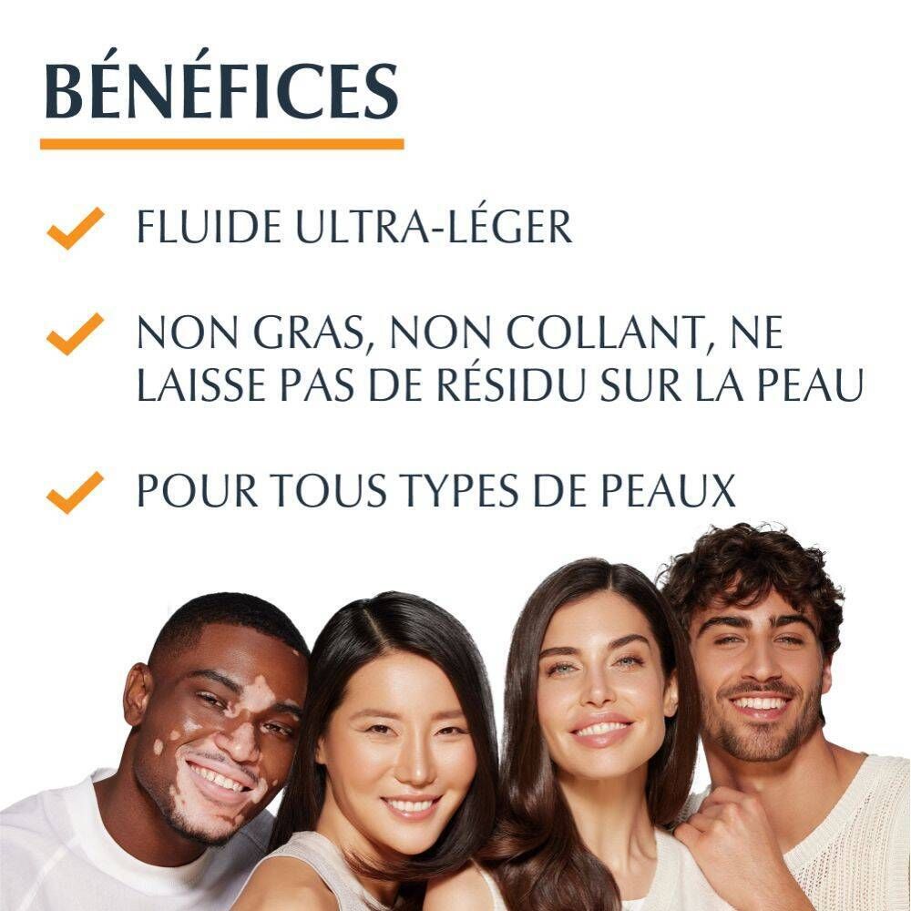 Avantages du Fluide Eucerin Sun Face Hydro Protect : ultra-léger, non gras, pour tous types de peau.